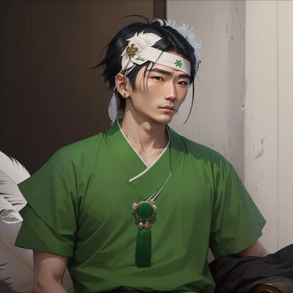 there is a man with a green shirt and a white feather on his head, inspired by Raymond Han, inspired by Ding Guanpeng, inspired by Xiao Yuncong, inspired by Oka Yasutomo, inspired by Yang Jin, inspired by Gang Hui-an, inspired by Yi Jaegwan, inspired by Yang Borun, inspired by Liang Kai