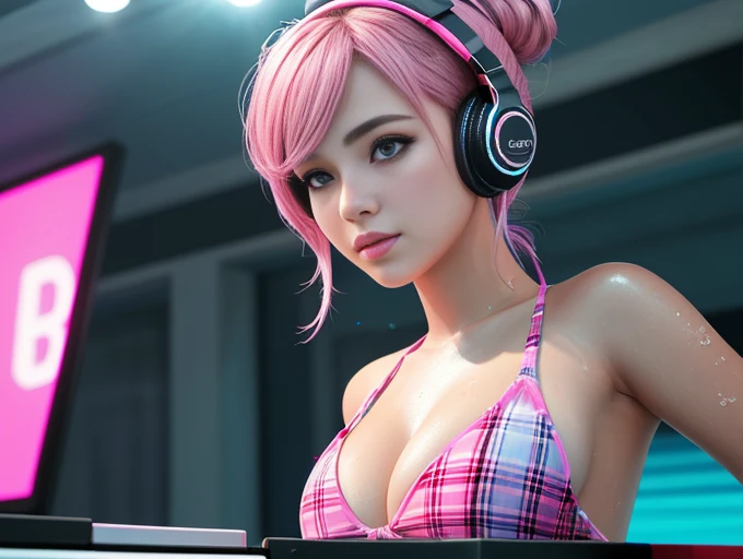 upper body, age girl dj, pink hair bun, plaid bikini, Unconventional, Bright appearance, Playful accessories, creative behavior, , DJ headphones, Mixing console, outdoor swimming pool, Smooth skin, sexy, standing at the hut, CG Highly detailed, Very beautiful and elegant,very detailed eyes, Fine texture, Detailed fabric, Beautifully detailed face, complicated details, Special details, 3d, 30k, movie theater light, Stunning light, shallow depth of light, Beautiful clothing details, Highly detailed, UDR, Sharp focus, Physics-based rendering