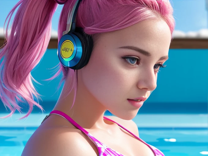 upper body, teenage girl dj, pink hair bun, plaid bikini, Unconventional, Bright appearance, Playful accessories, creative behavior, , DJ headphones, Mixing console, outdoor swimming pool, Smooth skin, sexy, standing at the hut, CG Highly detailed, Very beautiful and elegant,very detailed eyes, Fine texture, Detailed fabric, Beautifully detailed face, complicated details, Special details, 3d, 30k, movie theater light, Stunning light, shallow depth of light, Beautiful clothing details, Highly detailed, UDR, Sharp focus, Physics-based rendering