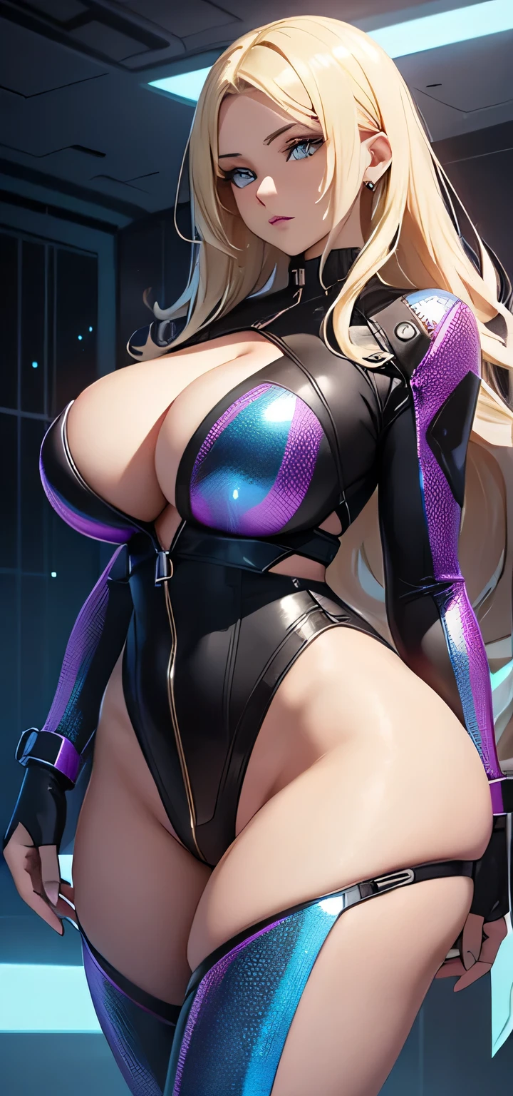 beautiful detailed 20 years old female, beautiful face, wearing Futuristic Casual Wear: Sleek jumpsuits with holographic elements and utility belts for a high-tech look, blonde hair, curvy body, ultra large sagging breasts, massive cleavage exposed, huge buttock