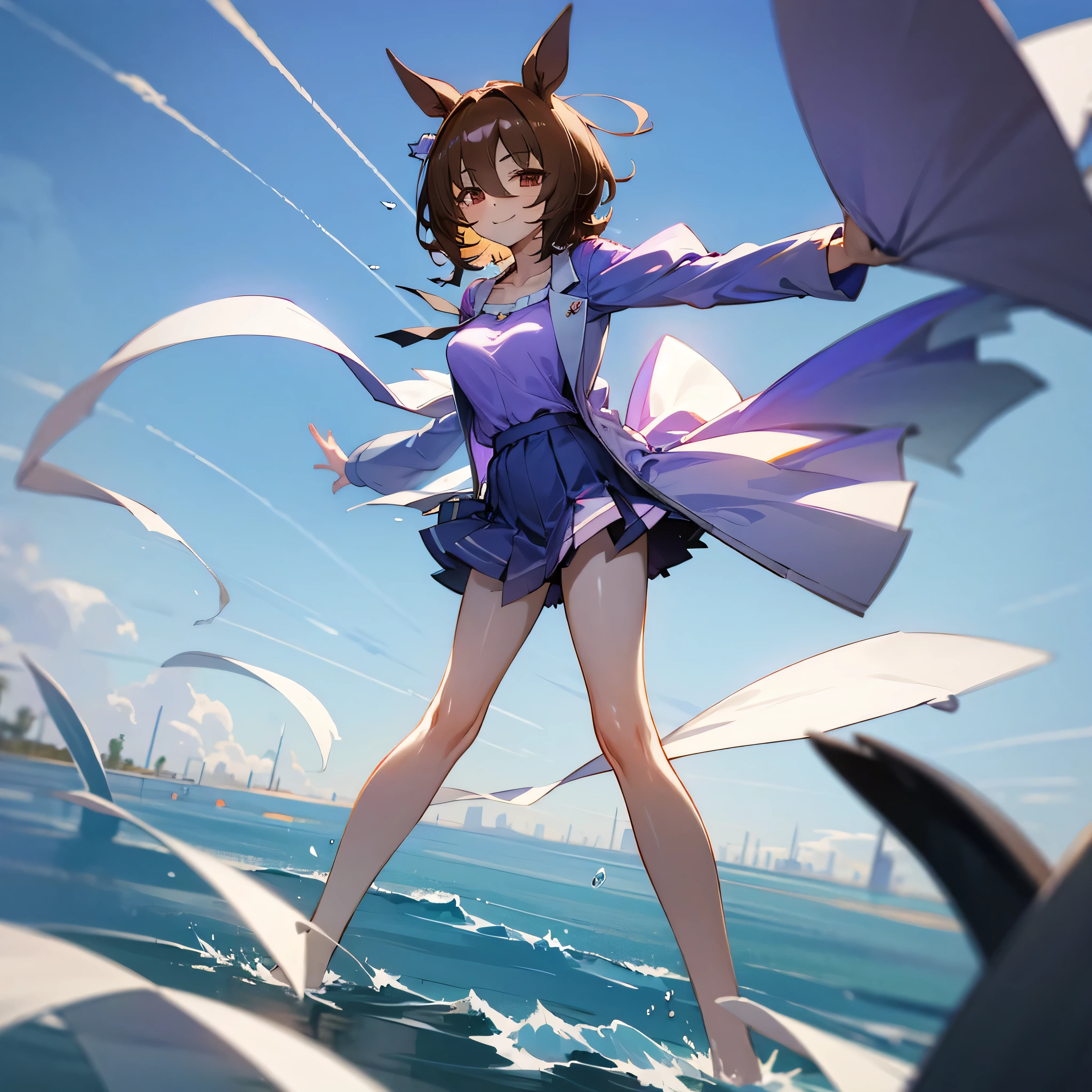 Agnes Tachyon, uma-musume, smile for viewer, skinny, arched back, BREAK, short hair, large breasts, narrow waist, short torso, (long skinny legs:1.2), tail, BREAK, (flapping too short skirt), purple shirts, collarbone, BREAK, blue sky, blowing wind