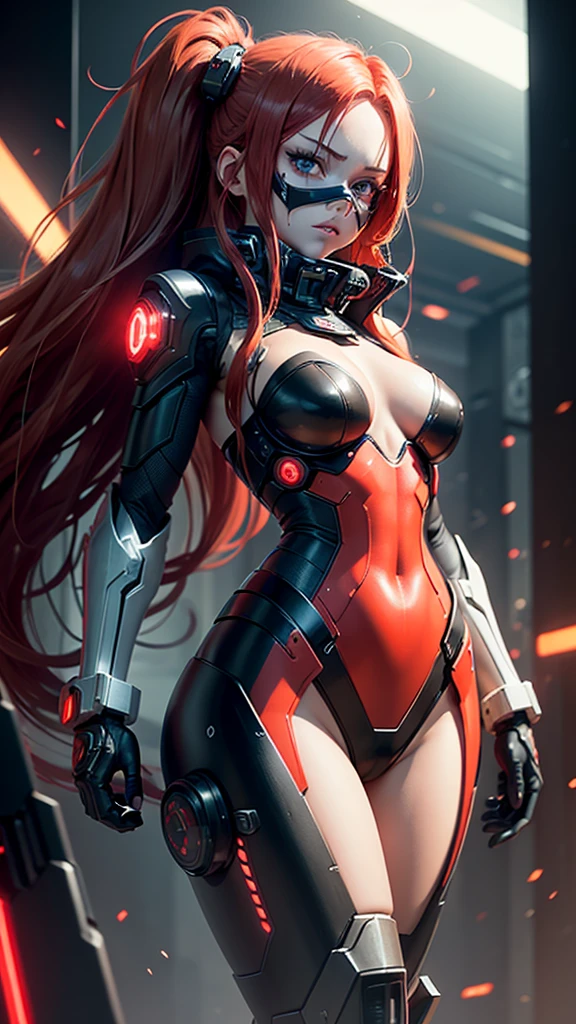 cyborg warrior girl in an attacking pose View from below, angle from below, flat horizon photo, Girl android , she has long red hair, she has a mask on her face, a respirator, a woman with sexy hips, half cyborg, technological modifications. Beautiful face, black metal cybernetic android robot body in black color, Large, wide hips, suit with red indicator lines with many red details, cybernetic armor with a red glow from under the joints and joints, she has blue eyes , frame with a flat horizon, Anime Style Photography , Red Lasers, black background Cyberpunk style, the camera films Her from below, lower angle of photography, black background image of a night black city and red neon lights, red lamps, red lighting, red flashes in the background