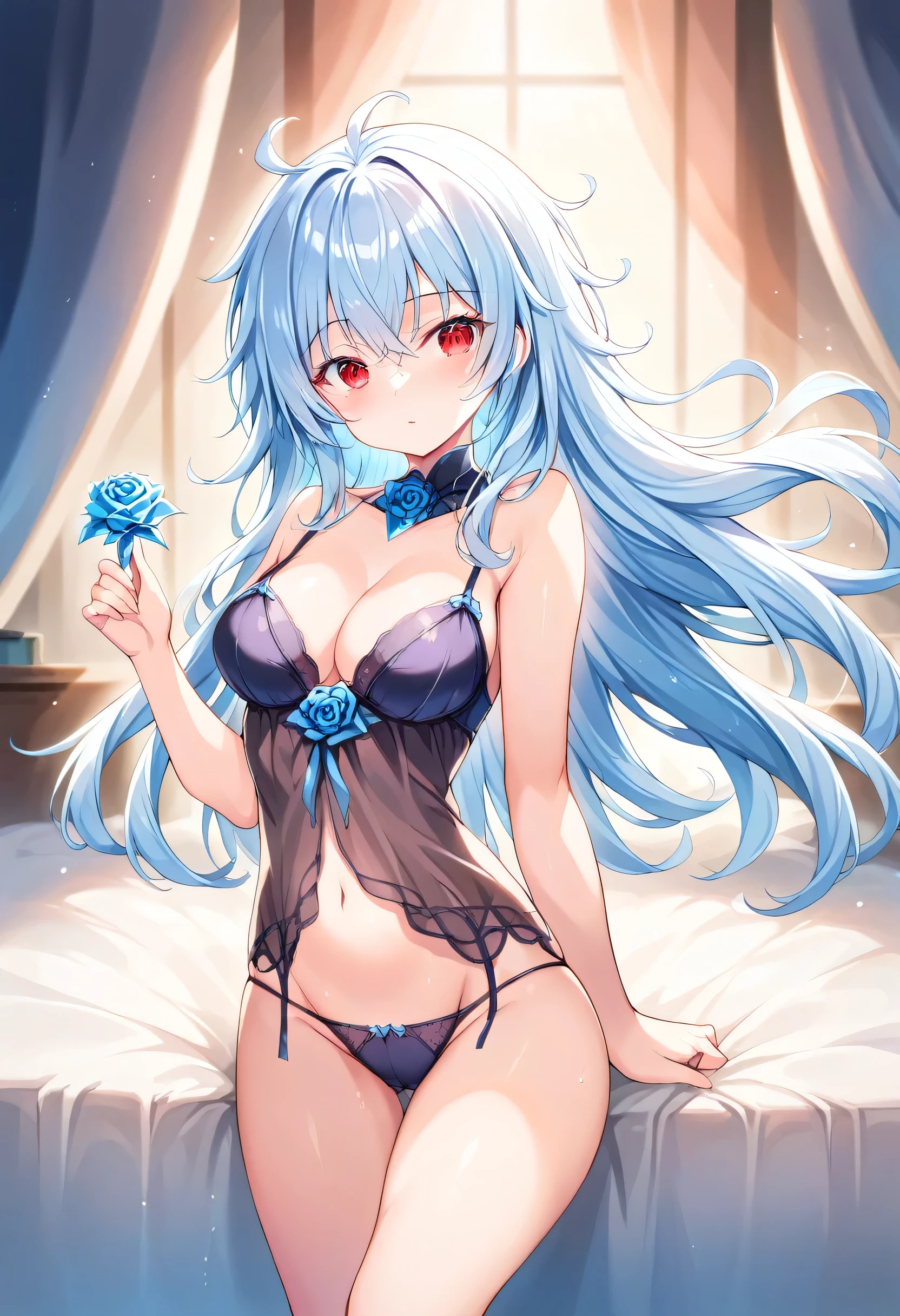 ((Best Quality)), ((masterpiece)), bedroom,((ultra detailed)), Extremely detailed CG, (illustration), bed, ((Detailed light)), (an extremely delicate and beautiful), 1 girl, Alone, ((cowboy shot)), ((beautiful face)),(beautiful detailed eyes), Red eyes,by white, shiny hair, colored inner hair,ice rose,Ice hair decorations,Garnish,depth of field, [ice glass], caustics,Lens flare,bokeh, glass,((by the floating)), ((chromatic aberration)), ((caustic)),((messy hair)),watercolor_(half),detailed background,fluttered detailed splashes, beautiful detailed sky, en ropa interior negra posando en Whole body, black color, lingerie, Whole body, open legs
