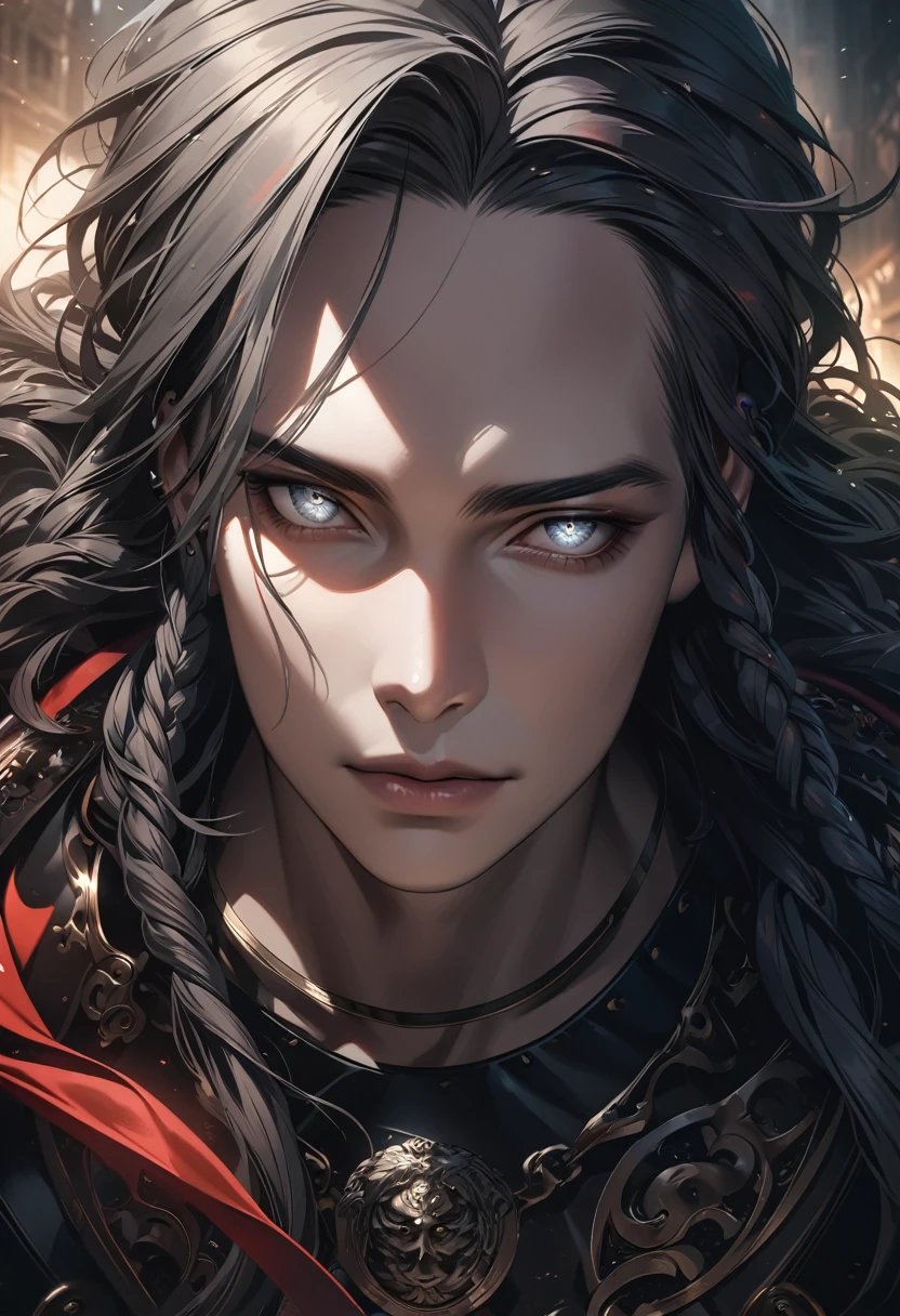 a beautiful detailed man with white and black dreadlocks, piercing white eyes, intricate facial features, handsome expression, detailed anatomy, dramatic lighting, dark moody atmosphere, cinematic composition, vibrant colors, digital art, hyperrealistic, 8k, HDR, award winning photograph