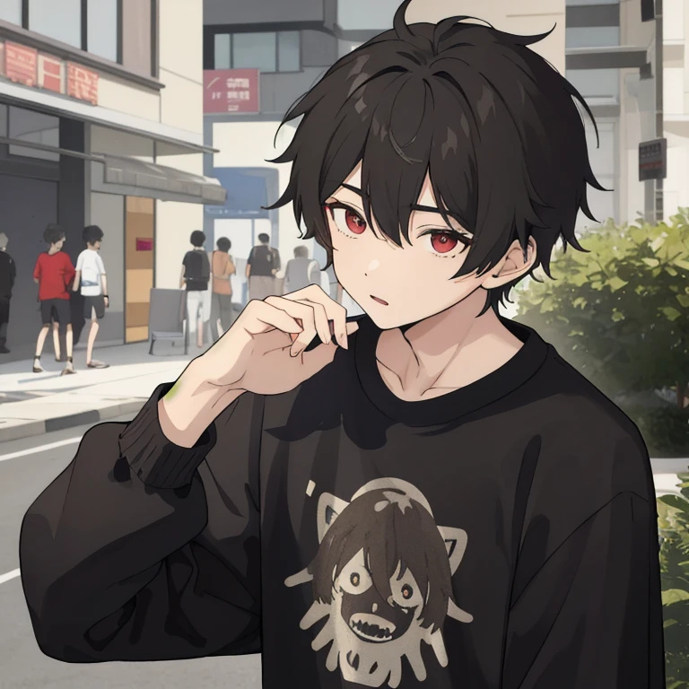 a 19 year old boy,小柄, black and a little disheveled. Her hair is often shown being slightly lifted in the front and a little messy on the sides., giving it a casual look, but at the same stylish. with reddish eyes,white skin black sweatshirt 