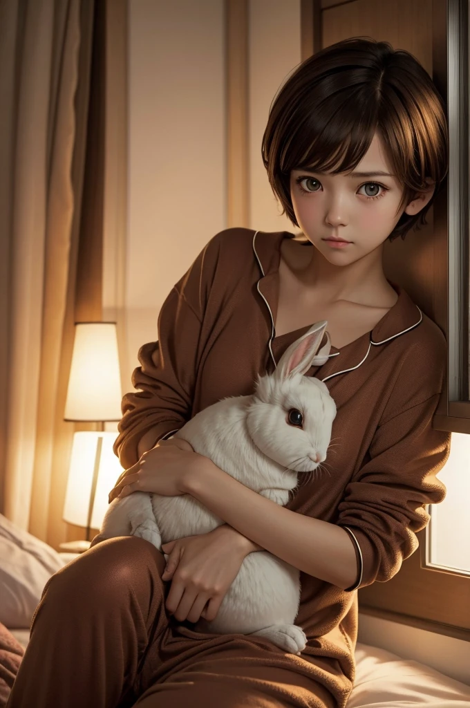  with stuffed rabbit, short hair, Brown hair, sad look, Upper plane, only girl, pajamas, adorable, amber eyes, bedroom. Tender girl&#39;s face, .