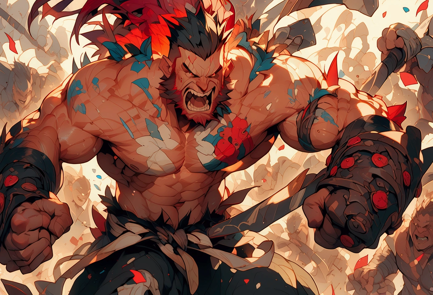 Fantasy painting of a bare chested muscular man, red beard and a mohawk haircut, tatooed, swinging huge battle axes, fighting an army of angry trolls,