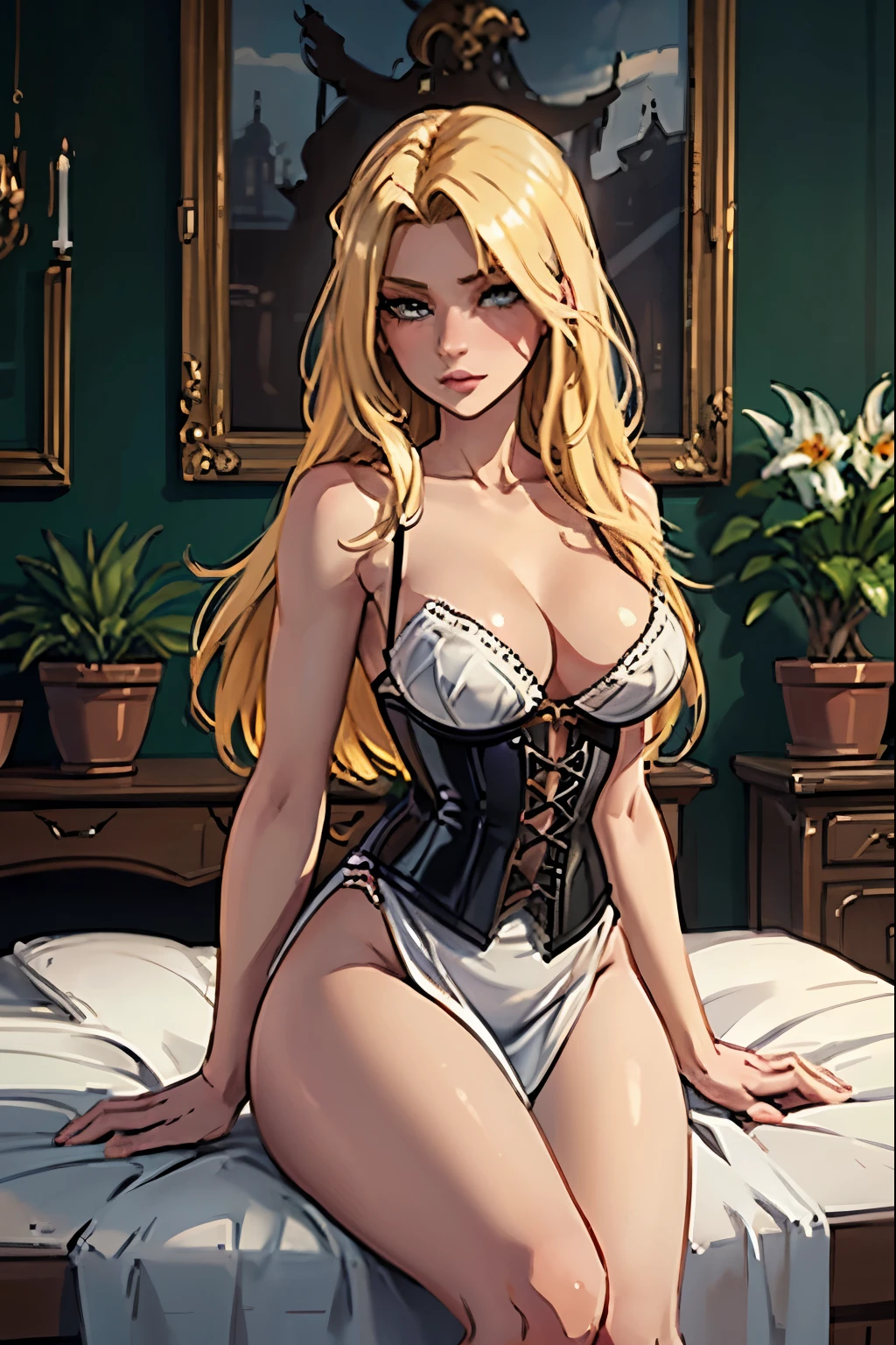 Masterpiece, best quality, 20 years old, Saloon girl, young figure, in corset posing in a room with a ted plant, seductive girl, beautiful alluring woman, extremely detailed artgerm, blonde goddess, beautiful alluring teelonde with long hair, attractive, goddess, beautiful girl, artgerm on artstation pixiv, smooth anime cg art, beautiful woman, white saloon dress, western saloon