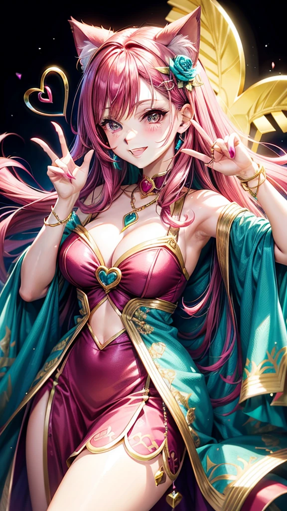 Magenta hair, hazel eyes, older woman, hair jewel ornament, cat ears, long hair, smiling face, bright colors, fantasy clothes, teal pink and gold clothes, hearts