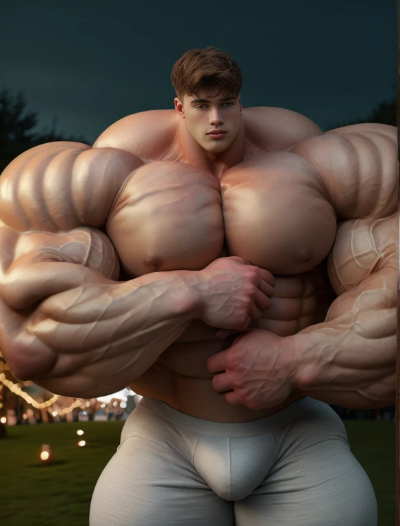 1boy, giant, alone, giant bodybuilder, illuminating light, strong body, bulk, large size, standing at the fairy lights park, nude, white triangular underwear, thick bulge, scratch his bulge, extraordinary big, brutalmass, giant muscular body, bulk, buff, massive body, large meaty body size, extremely wide body