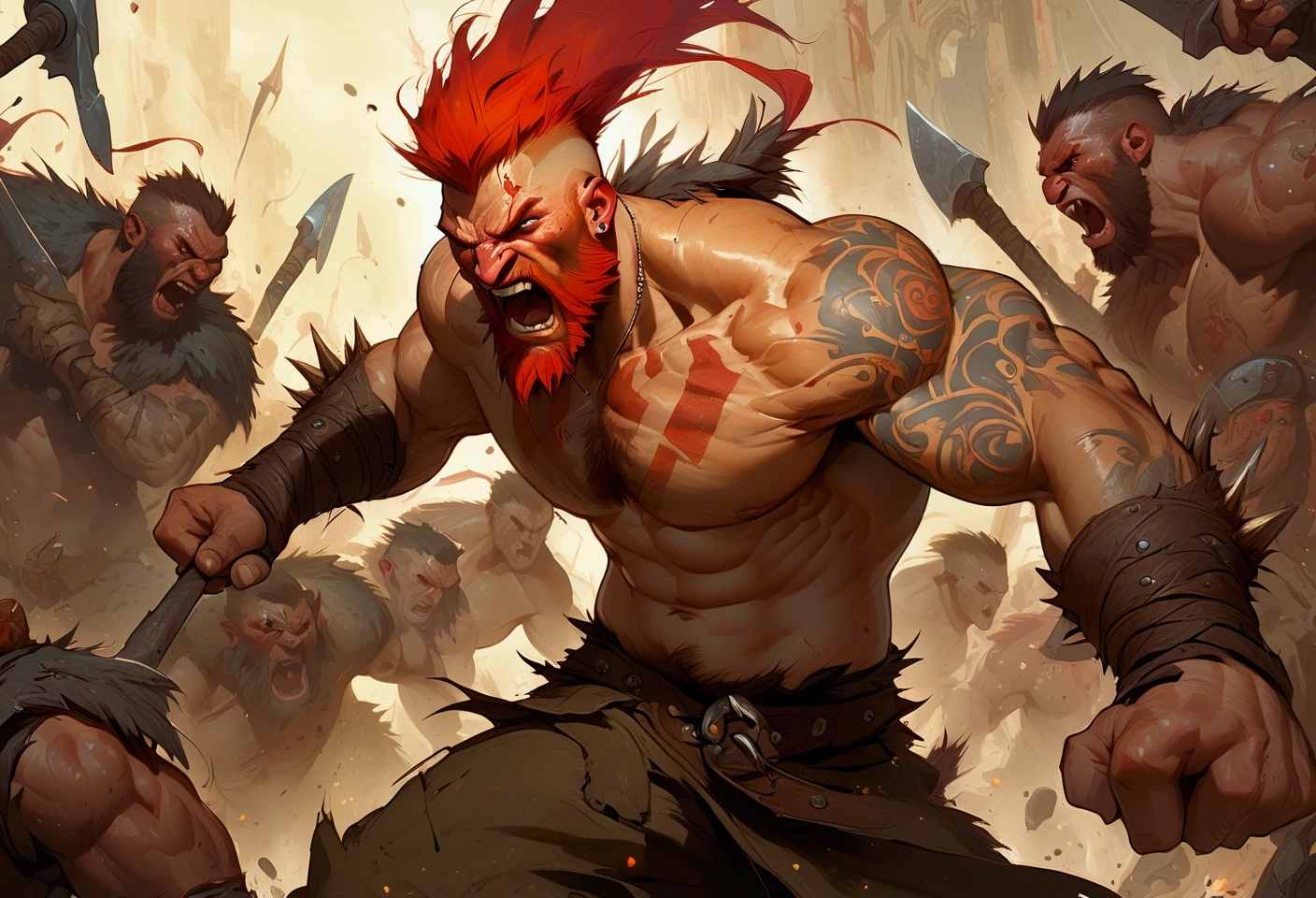 Fantasy painting of a bare chested muscular man, red beard and a Mohawk haircut, tattooed, swinging huge battle-axes, fighting an army of angry trolls,