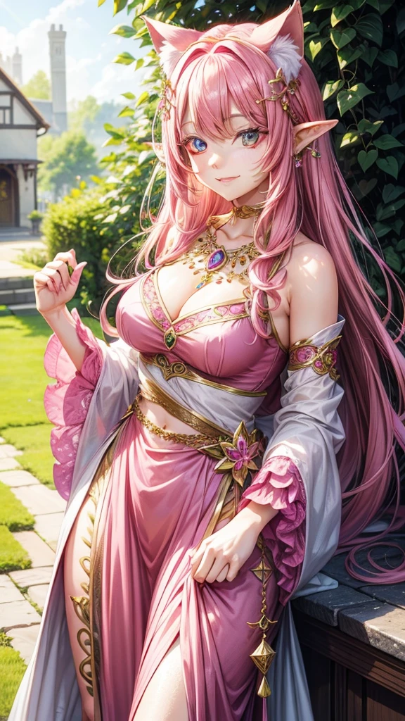 Pink hair, hazel eyes, older woman, hair jewel ornament, cat ears, long hair, smiling face, bright colors, fairy clothes, pretty color clothes,  background 