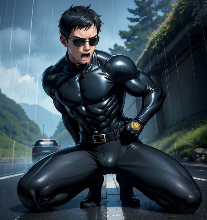 40 years old,One Man,、Handsome、Black bodysuit、Shocker Belt、tall、logic肉質、Rain road　logic,Gay ,Very short hair。Fall to the ground with your legs spread in an M shape、The crotch area of the pants is bulging、Black sunglasses、Black socks　Showing off the soles of your feet　Painful face、Scream