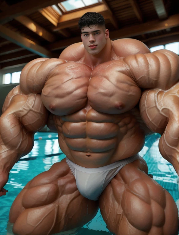 1boy, giant, giant bodybuilder, illuminating light, strong body, bulk, large size, staring, standing, in the indoor pool, nude, wet white triangular underwear, prominent bulge, extraordinary big, brutalmass, giant, muscular body, bulk, buff, massive body, large meaty body size, extremely wide body