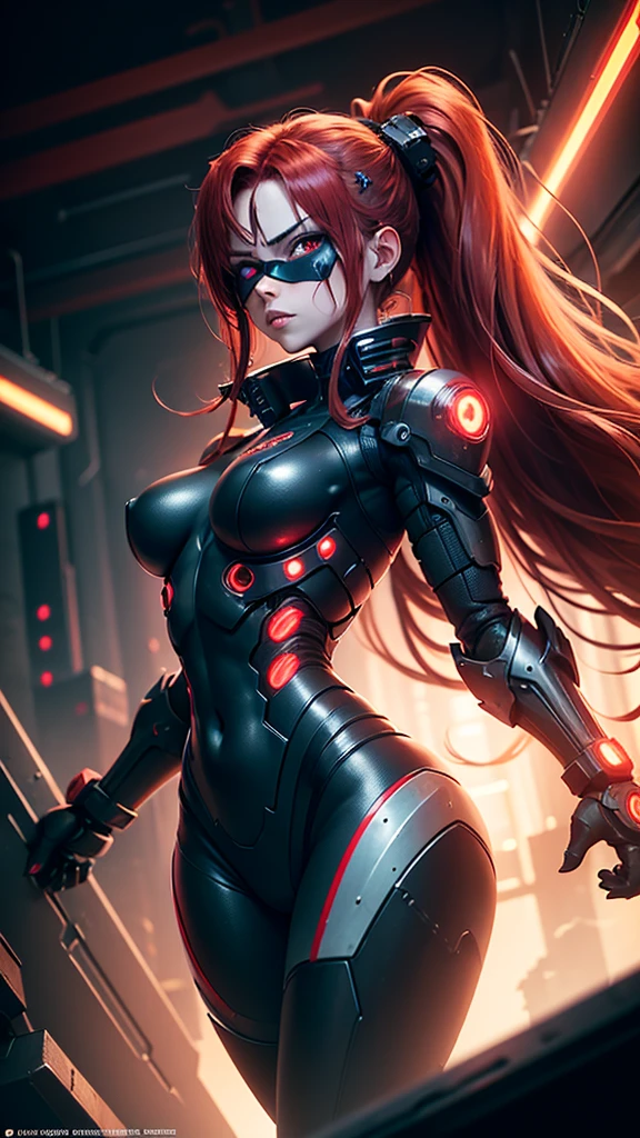 cyborg warrior girl in an attacking pose View from below, angle from below, flat horizon photo, Girl android , she has long red hair, hair tied up in a ponytail, she has a mask on her face, a respirator, a woman with sexy hips, half cyborg, technological modifications. Beautiful face, black metal cybernetic android robot body in black color, Large, wide hips, suit with red indicator lines with many red details, cybernetic armor with a red glow from under the joints and joints, she has blue eyes , frame with a flat horizon, Anime Style Photography , Red Lasers, black background Cyberpunk style, the camera films Her from below, lower angle of photography, black background image of a night black city and red neon lights, red lamps, red lighting, red flashes in the background