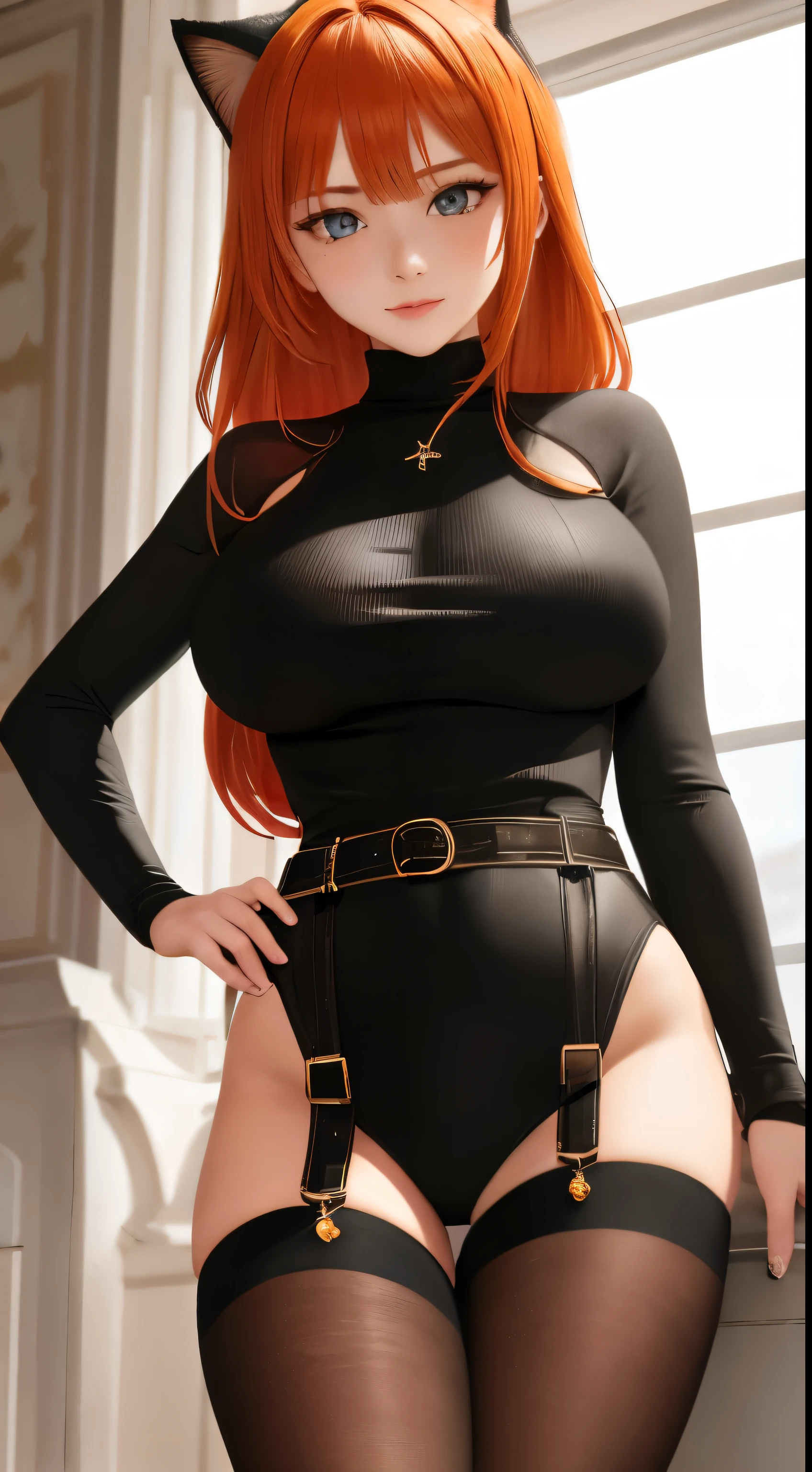 milf, masterpiece, Best quality, ultra detailed, beautiful lighting, 1 girl, orange hair, cat ear, green eyes, freckles, turtleneck top, Looking at the viewer, detailed black stockings with belt, Juicy ass