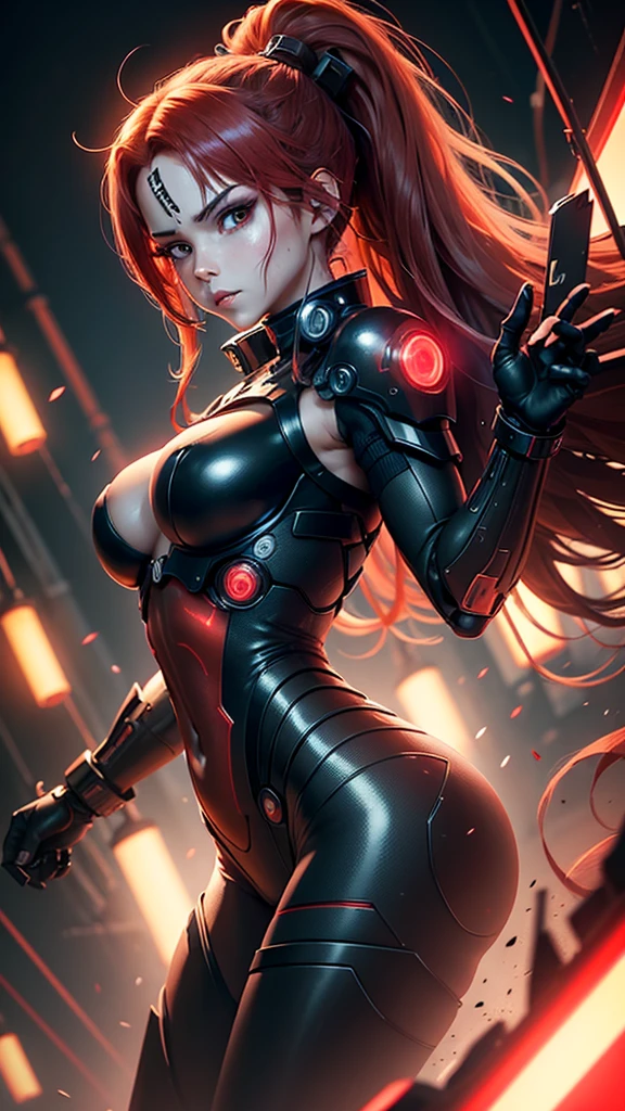 cyborg warrior girl in an attacking pose View from below, angle from below, flat horizon photo, Girl android , she has long red hair, hair tied up in a ponytail, she has a mask on her face, a respirator, a woman with sexy hips, half cyborg, technological modifications. Beautiful face, black metal cybernetic android robot body in black color, Large, wide hips, suit with red indicator lines with many red details, cybernetic armor with a red glow from under the joints and joints, she has blue eyes , frame with a flat horizon, Anime Style Photography , Red Lasers, black background Cyberpunk style, the camera films Her from below, lower angle of photography, black background image of a night black city and red neon lights, red lamps, red lighting, red flashes in the background