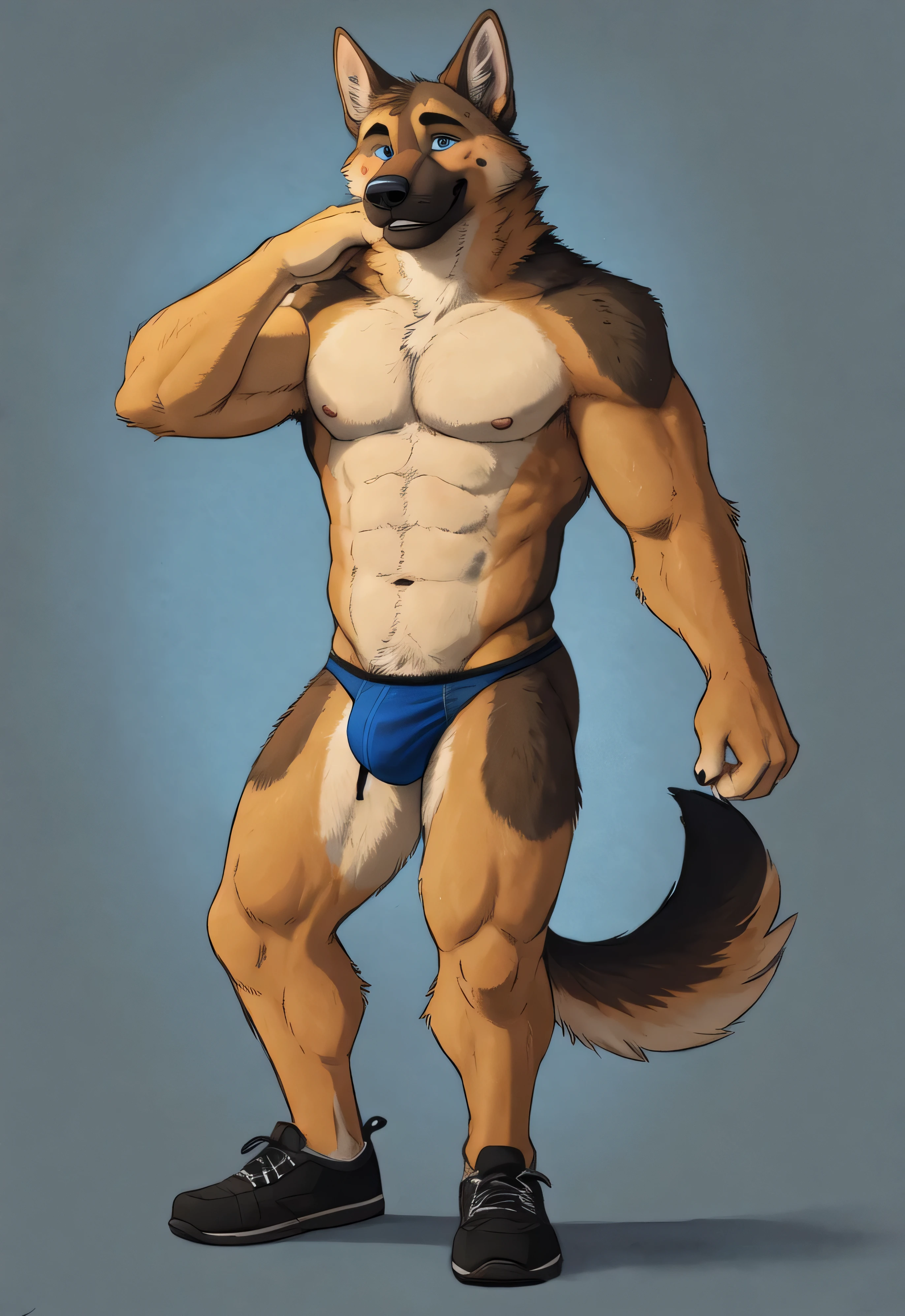 Anthro, solo, realistic, blush, anthropomorphic, abs, muscular 30 year old adult male furry German shepherd with tail, muscular body, thong, sexy, underwear, plantigrade, shoes, abs, blue eyes, furry tail furry, tan and liver body fur, (flat colors:1.2), (by adios, by k-9, by paintfox:.8), by delirost, by tritscrits, (detailed fur, detailed fur texture:0), (masterpiece, best quality, high quality, highres, ultra-detailed)