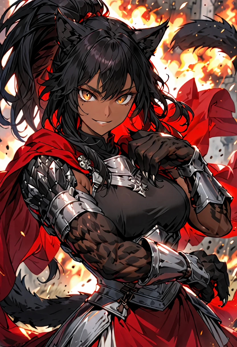 solo, female, sfw, close up, strong, dark skin, long messy hair, black hair, high ponytail, hazel eyes, black lynx ears, black lynx tail, muscular, regal armor, large breasts, competitive smile, animal hands:0.9, furred forearms, red cape, battlefield, medieval, red roman skirt