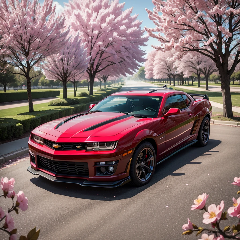 Red 2009 Chevrolet Camaro ZL1 under a blooming cherry tree with flowers falling