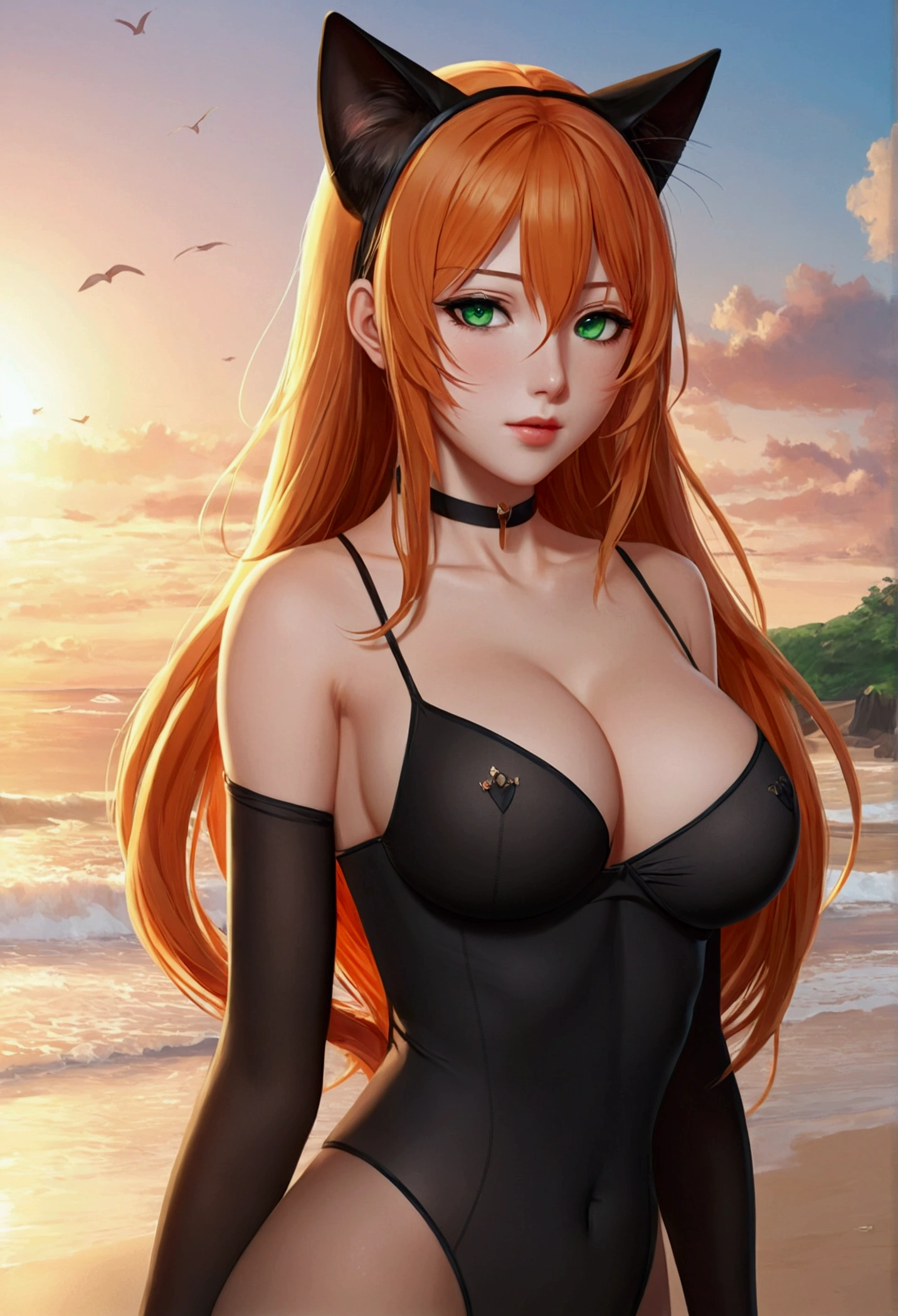 anime girl with long orange hair standing on beach near ocean, green eyes detailed digital anime art, cat ears, , anime girl with long hair, smooth anime cg art, anime girl with long hair, average breast size, digital anime art, artwork in the style of guweiz, beautiful anime portrait, photorealistic anime girl render, beautiful anime girl, perfect woman, advanced digital anime art, pantyhose, guweiz on artstation pixiv upscale HD UHD HQ big ass big tits