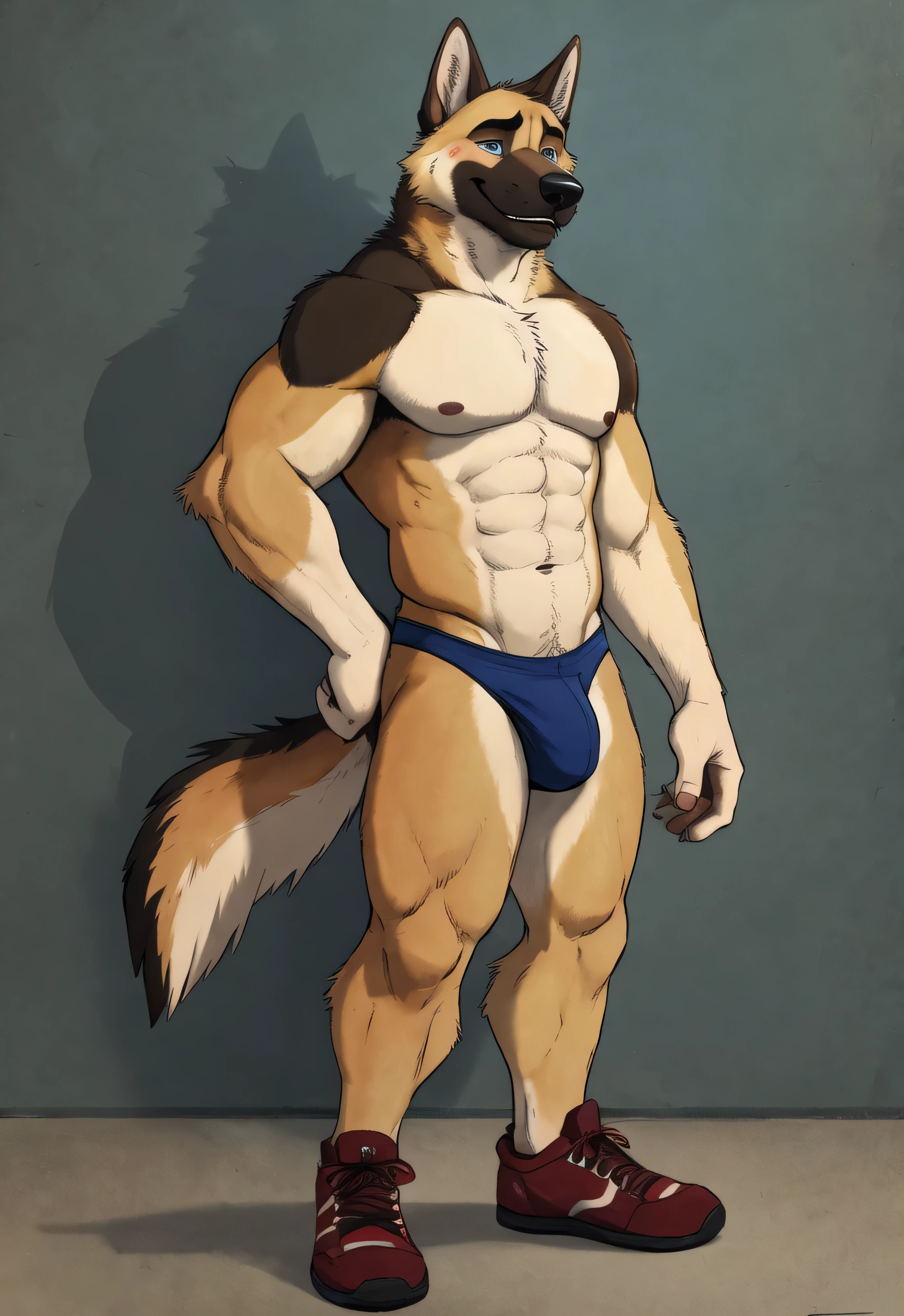 Anthro, solo, realistic, blush, anthropomorphic, abs, muscular 30 year old adult male furry German shepherd with tail, muscular body, thong, sexy, underwear, plantigrade, shoes, abs, blue eyes, furry tail furry, tan and liver body fur, (flat colors:1.2), (by adios, by k-9, by paintfox:.8), by delirost, by tritscrits, (detailed fur, detailed fur texture:0), (masterpiece, best quality, high quality, highres, ultra-detailed)