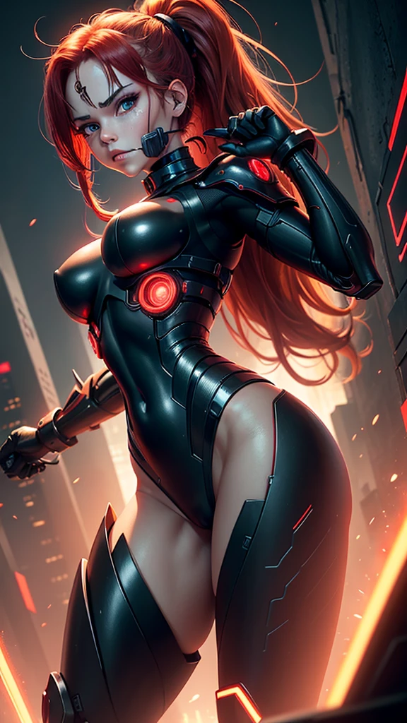 cyborg warrior girl in an attacking pose View from below, angle from below, flat horizon photo, Girl android , she has long red hair, hair in a ponytail, she has a mask on her face, a respirator, a woman with sexy hi half cyborg, technological modifications. Beautiful face, black metal cybernetic android robot body in black color, Large, wide hips, suit with red indicator lines with many red details, cybernetic armor with a red glow from under the joints and joints, she has blue eyes , frame with a flat horizon, Anime Style Photography , Red Lasers, black background Cyberpunk style, the camera films Her from below, lower angle of photography, black background image of a night black city and red neon lights, red lamps, red lighting, red flashes in the background