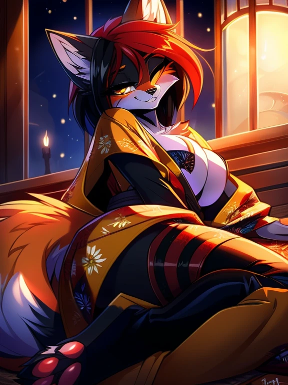 by fluff-kevlar, by ouka, by Kilinah, (((woman, breasts, antrum, extremely detailed, extremely detailed legs, extremely detailed arms, extremely detailed face, perfectly detailed eyes, perfectly detailed anatomy))): 1.2, beautiful and detailed portrait of an anthropomorphic vixen ((female))), anthro, female, red fox, high definition, good anatomy, orange fur, orange body, simple background, highly detailed face, deep yellow iris, yellow eyes, short hair, red hair, long hair, striking black fur patterns on hips, speech bubble, heart, hearts, night, moody lighting, full body, sexy body, slanky body, sexy face, nice, hot, cute, pawpads, one eye closed, wink, lying on side, lying on side with sexy pose, blushing, friendly smile, smile, friendly, elegant, dark, mysterious, alluring, beautiful, thigh highs, yukata, wearing a yukata, SFW