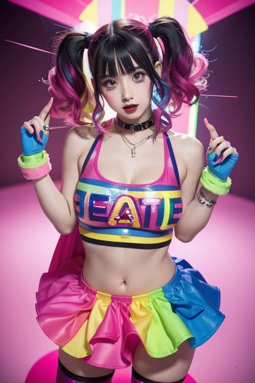 Alafe girl posing in a colorful outfit for the photo, y 2 k cutecore clowncore, kawaii rainbow decoration, kawaii hq rendering, sweet girl, inspired decoration, unreal engine : : delirium makeup, raver girl, Delirium Girl, rave costume, punk girl, soft drink theme girl, playful and happy, eighties pinup style