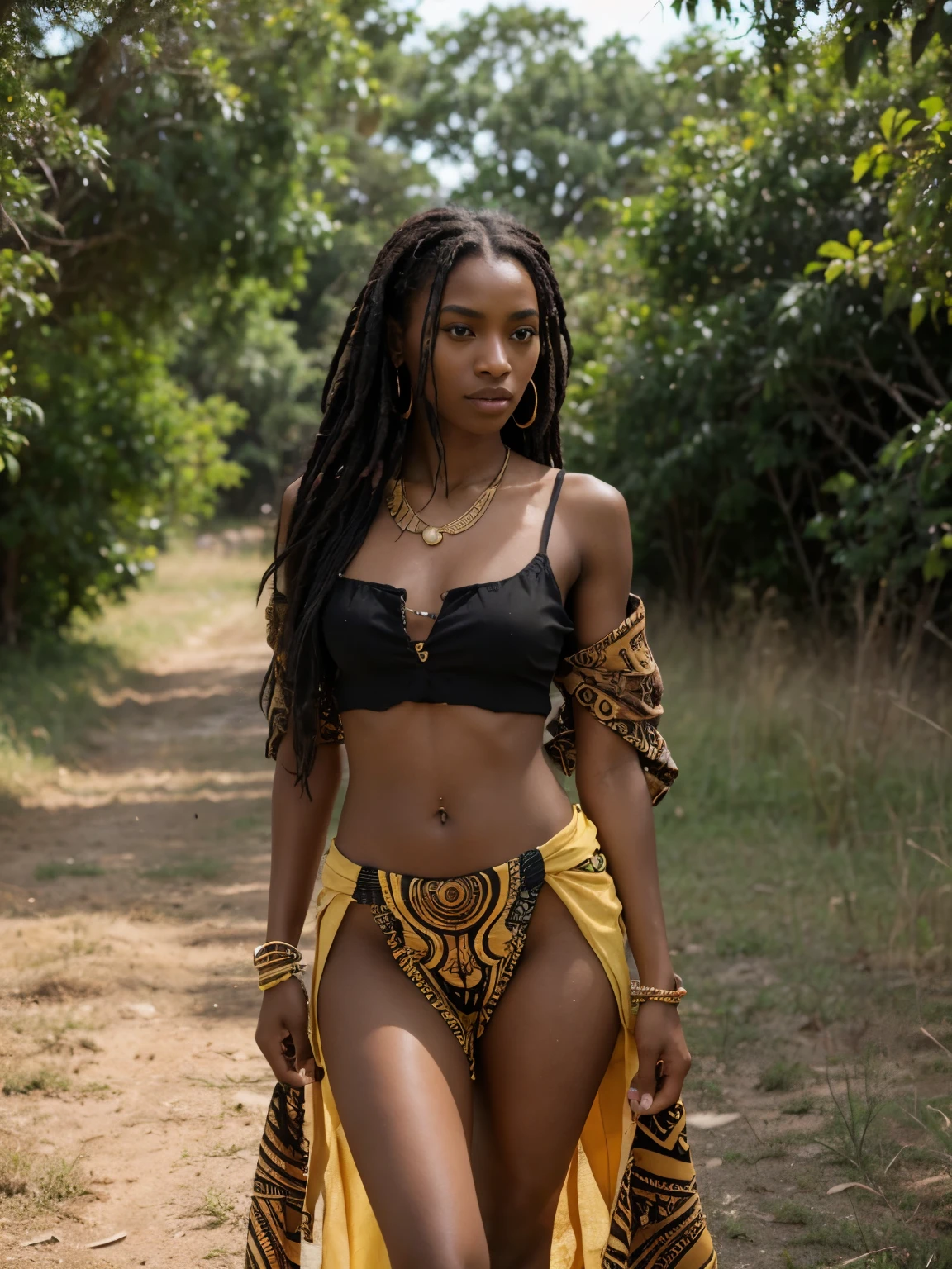 8k, CRU photo, very realistic, realistic photo of stunning skinny ebony girl, (ebony girl, 20 years old, most beautiful ebony girl in the world, lean face, darkskin, black Dreadlocks hair, Dreadlocks), wearing african national costume, ((wearing in shirt)), (photo by full body), (photo sideways), (pose sexy), darkskin glowing under the golden sunlight, adorned with intricate tribal jewelry and vibrant traditional attire, standing in a lush savanna teeming with life, tall grass swaying in the gentle breeze, wildlife roaming freely in the background, Exuding confidence and fascination, (looking ahead at viewer), fot, natural light with portrait lens (85mmF/1.8), capturing every detail with warmth and intimacy, --ar 16:9 --v 5