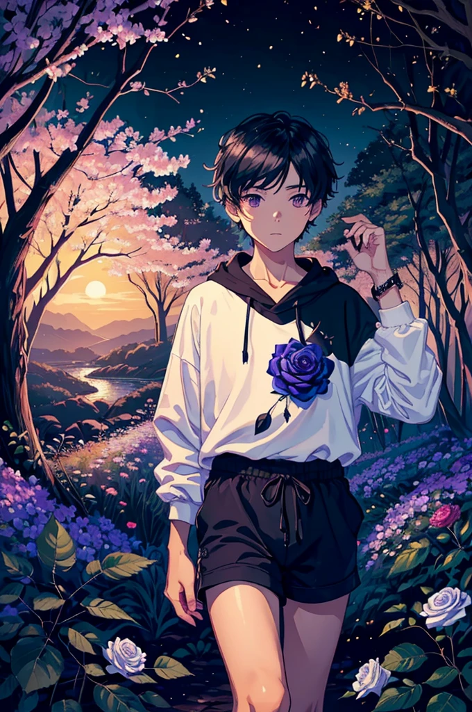 (arte de qualidade, realist art) (A black rose with elegant flowers,in a forest full of fireflies at night) (a boy hiding behind a tree, I sell to Rosa admired) wearing blue shorts with white details, wearing a purple shirt, with black sweatshirt hanging at the waist) (Coast view)