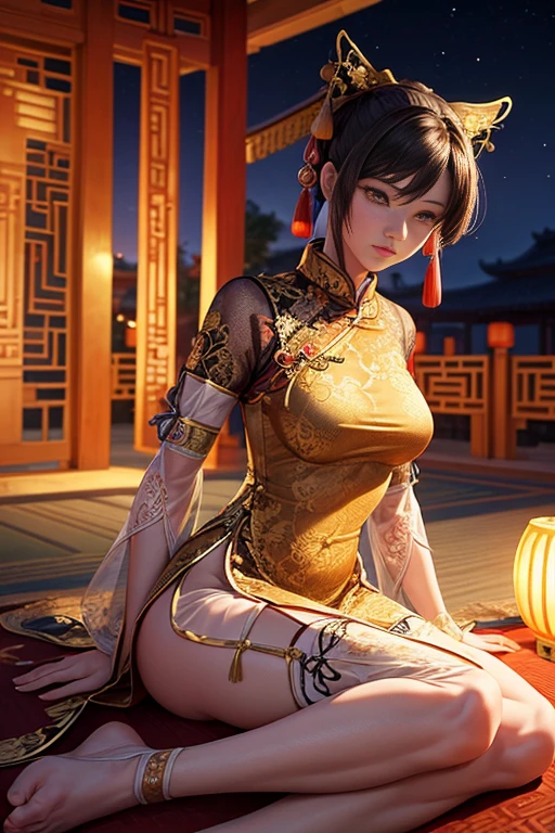 at night,whole body,KOF:mai shiranui ,(((Transparent ancient Chinese palace embroidered clothing;Golden lace))), jewelry ,Graceful sitting,masterpiece,Highest quality,Official Art,Very detailed, 3d, Cinema 4D,8k,Realistic:1.4, ( ##Color Tattoo ##,Color Tattoo, ~+Color Tattoo:1.6),(Perfect female curves, Huge breast),(A seductive gaze), To the camera, Pink Lips,Delicate fingers and hands,Magic Hour, Rembrandt Lighting, Front and fill lights, Hard Shadows,Camel Toe、Giant tit、Nipple Puffs、Cleavage、Plump、Super big breasts、Super big butt、Bubble butt、((Mai Shiranui、Succubus))