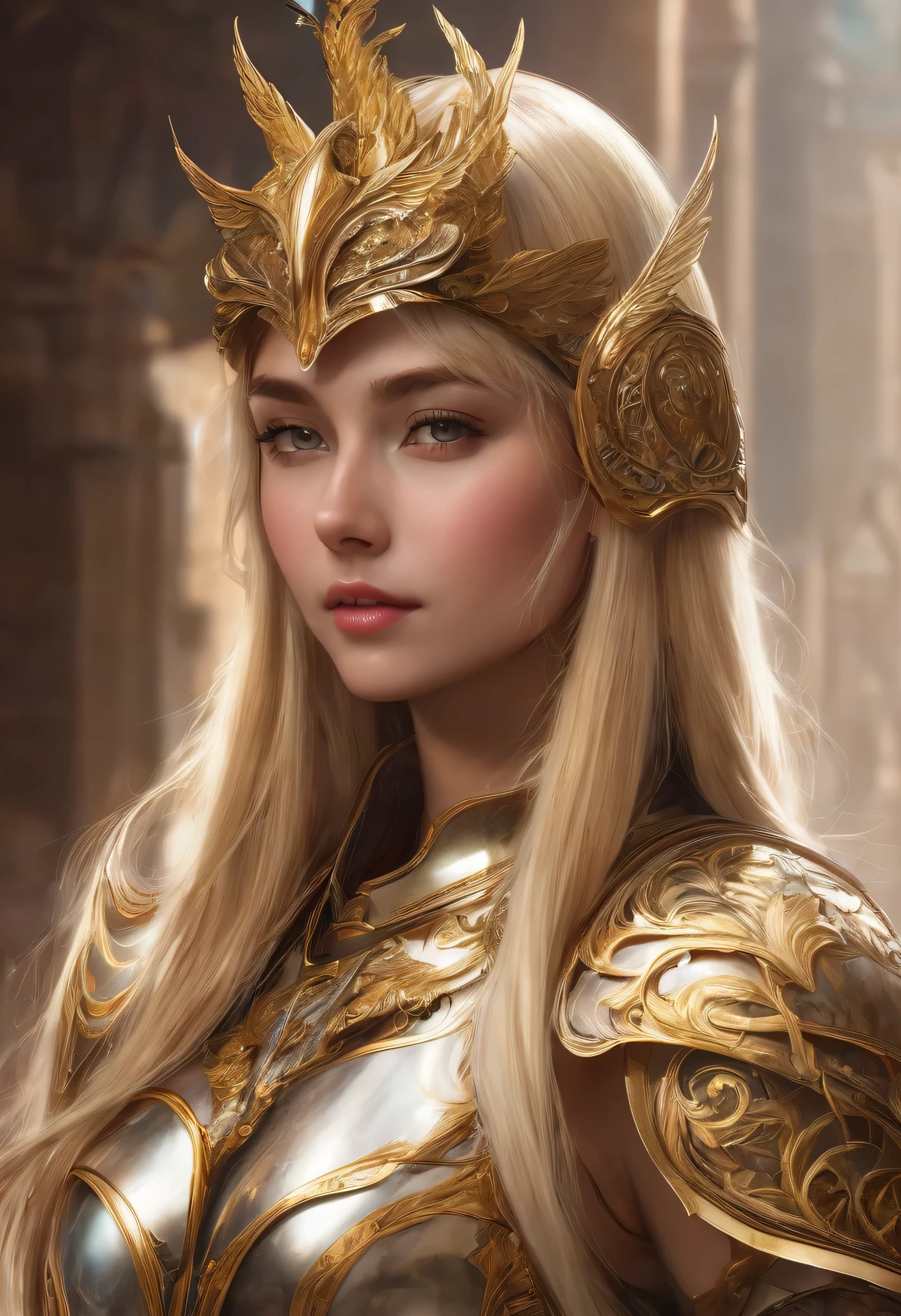Blonde Girl, Winged Helmet, Wings in the back, Golden Armor, Matte Lipstick, Very Long Blonde Hair, Light Smile, Pose Profile Best Quality, High Details, Textured Skin, Masterpiece, High Resolution, Jewelry,