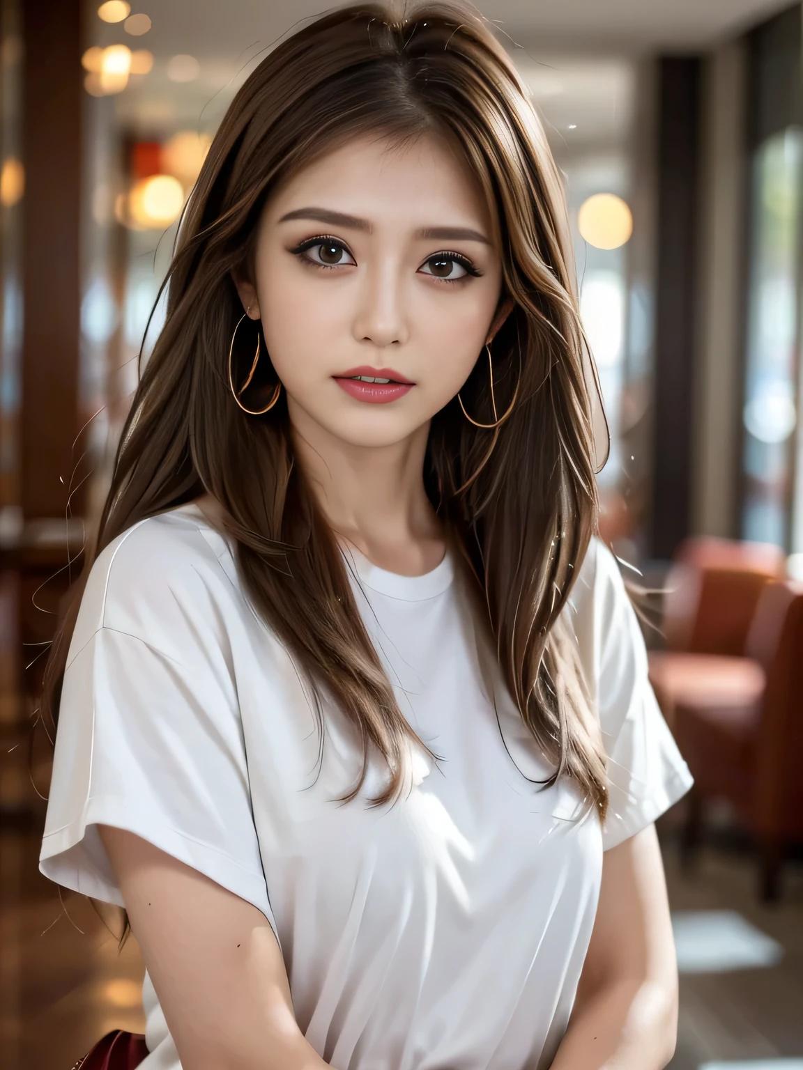makeup, angry, mullet, hoop earrings, raised eyebrows, half-closed eyes, clenched teeth, ass pov, uhd, anatomically correct, high details, best quality, 8k、One Japanese woman、30 years old、A close-up photo of a face with focus on the face、background:hotel lobby、Focused eyes、Detailed eyes、Detailed face、Light brown hair、White T-shirt、Brown eyes、Symmetrical eyes、Heavy makeup、