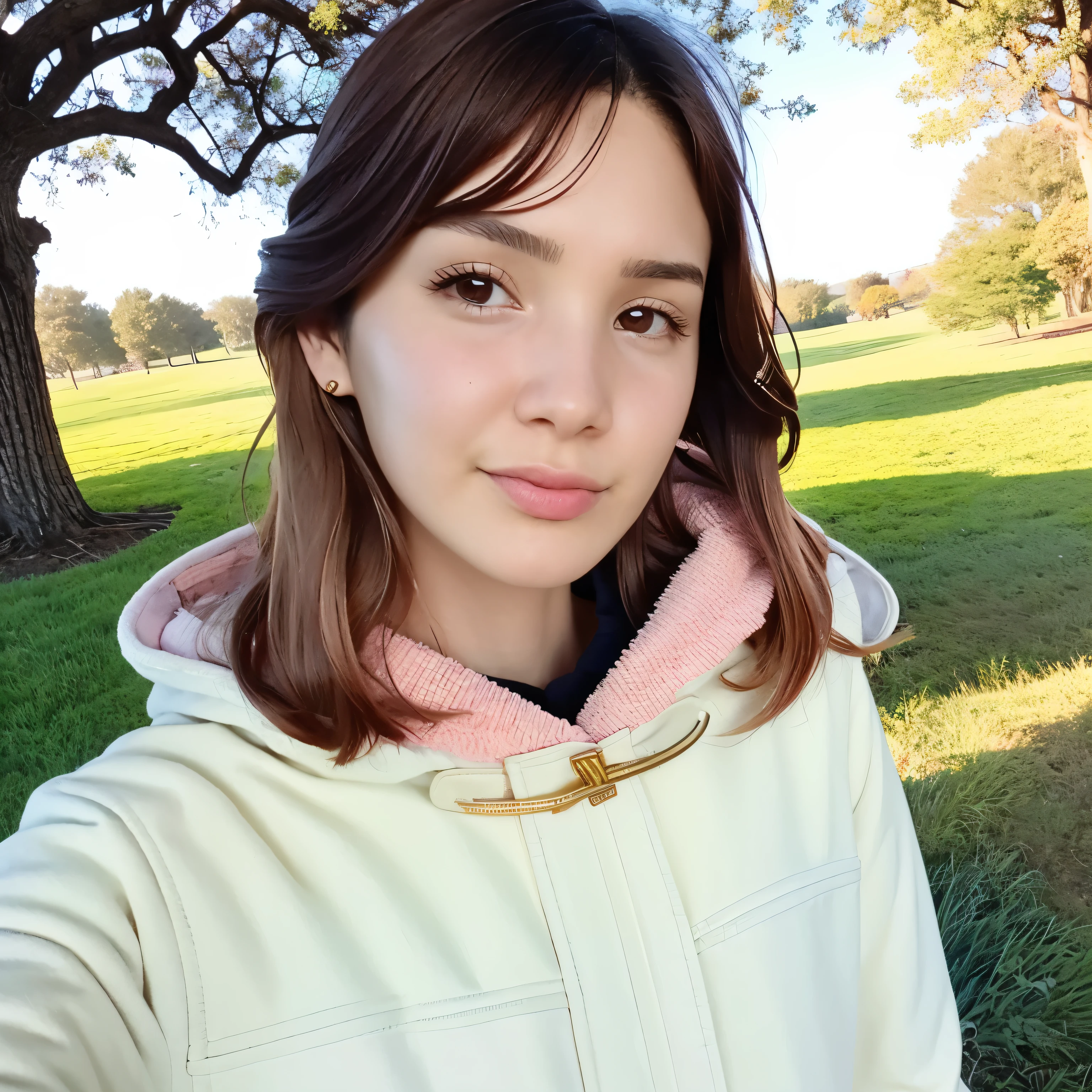 A young woman in her 20s with an oval face and smooth jaw.. She has medium length brown hair with light highlights.., slightly wavy, and parted to the side with a fringe that runs softly across his forehead. Her almond brown eyes are well defined with lush eyelashes... she has a straight, proportionate and full nose, naturally pink lips. Her complexion is fair with a warm undertone.. She is dressed in a light colored coat., enhancing the softness of your appearance.