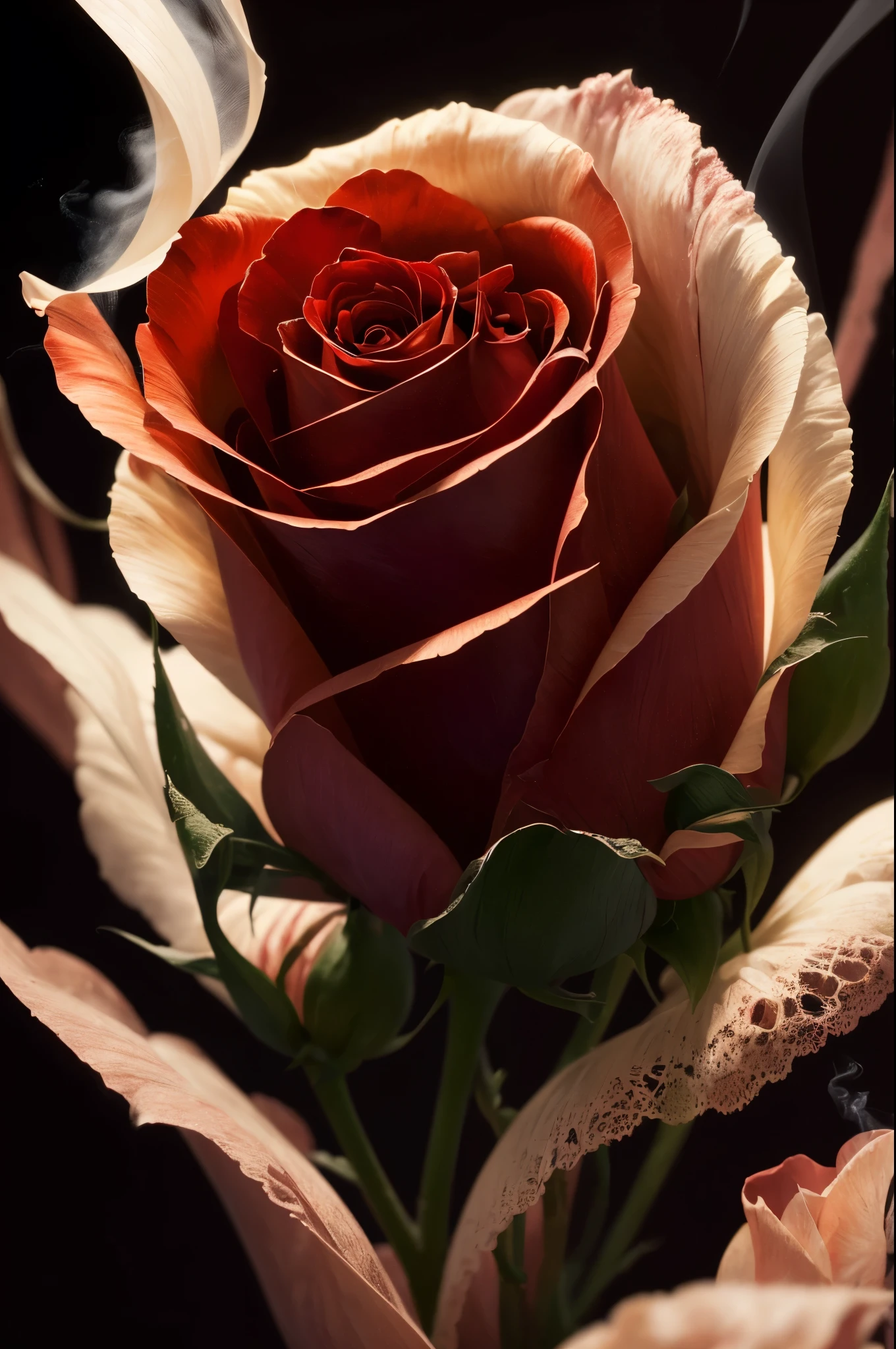a close up of a red rose with smoke coming out of it, a picture by Maurice Esteve, tumblr, romanticism, red rose, abstract smokey roses, roses made of colorful smoke, ❤🔥🍄🌪, rose twining, red smoke, rosses, photo of a rose, smoke art, exploding roses, rose, with smoke, red roses