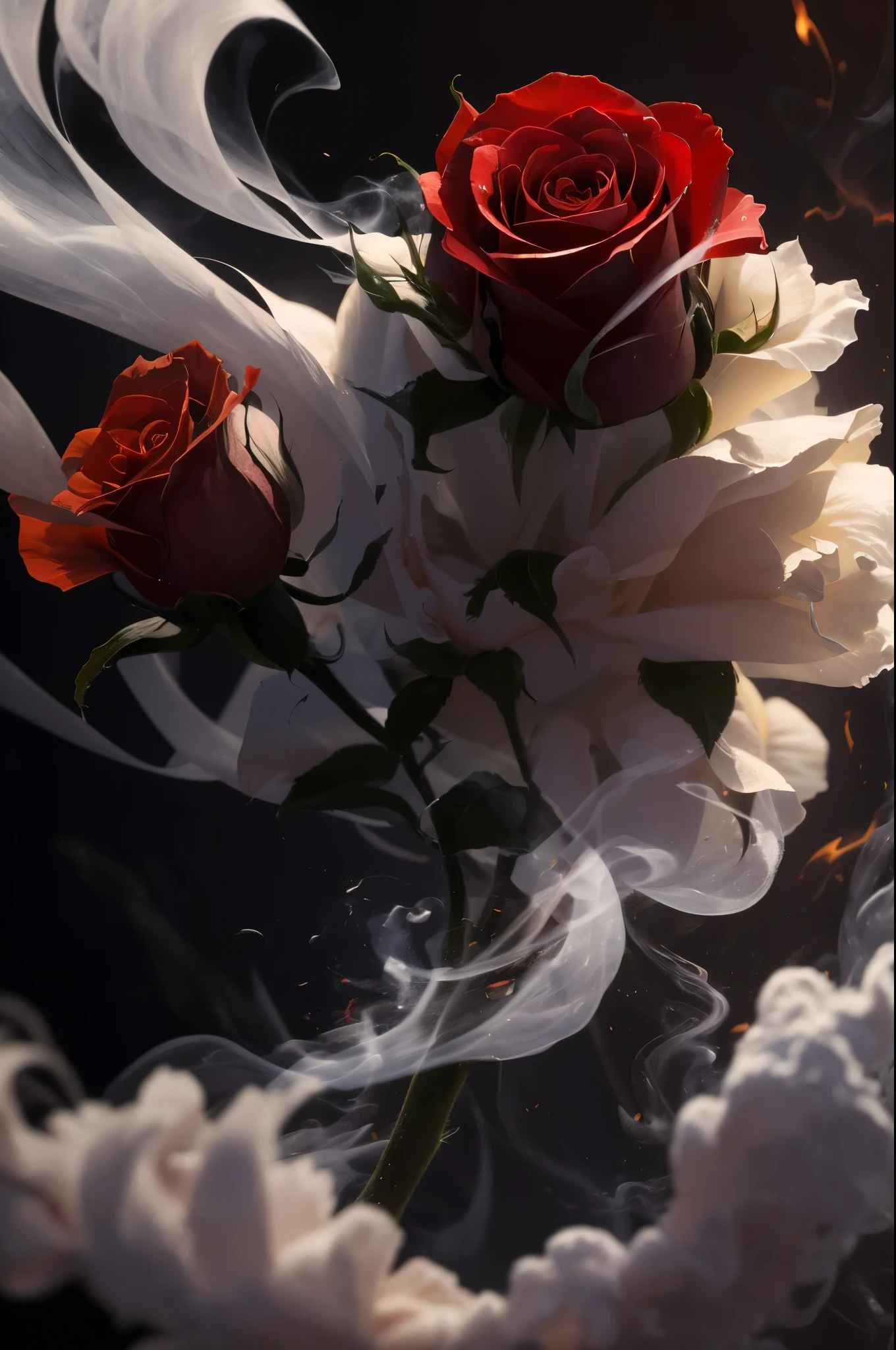a close up of a red rose with smoke coming out of it, a picture by Maurice Esteve, tumblr, romanticism, red rose, abstract smokey roses, roses made of colorful smoke, ❤🔥🍄🌪, rose twining, red smoke, rosses, photo of a rose, smoke art, exploding roses, rose, with smoke, red roses