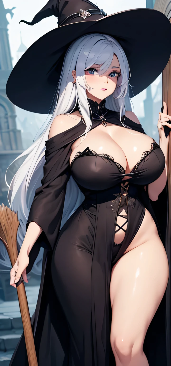 beautiful detailed 20 years old female, beautiful face, wearing Witch Outfit: A dark robe with a pointed hat, and a broomstick or spellbook as accessories, white hair, curvy body, ultra large sagging breasts, massive cleavage exposed, huge buttock, random expressions