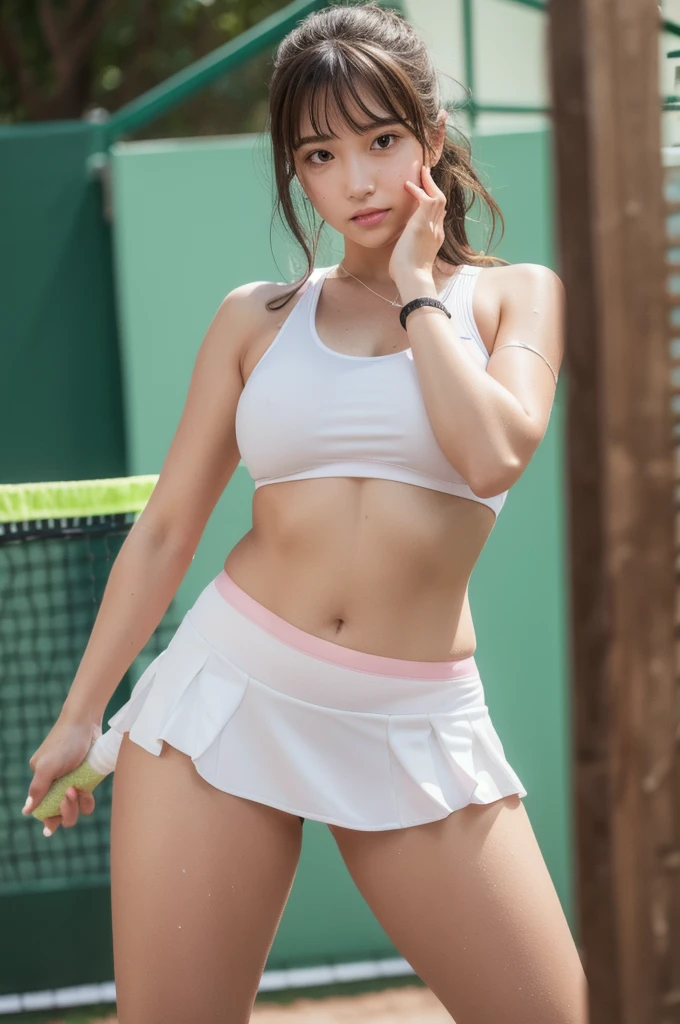 Pink Tennis Wear, (No underwear:1.5), White sneakers, (1 hard tennis racket,Hold the grip tightly:1.3), Tennis ball, Tennis court, Sweaty smell, locker room, (Highest quality) , ((Very detailed)) , 4K , (8k) , masterpiece, Very detailedな, Highest quality, Super Resolution, sexy, 18-year-old girl, (Height: 152cm), 1 person, Very beautiful face, Cute type, Big Natural Color Lip, Big and pretty eyes, Brown eyes, Obvious double, Small and cute nose, Soft long hair, bangs, Brown Hair, Beautiful hands, finger is five, positive, Crying a little, White pleated micro mini skirt, Soft Light, RAW quality, Soft Skin, (Glowing Skin, Sweaty: 1.5) , Beautiful legs, Voluptuous thighs, Plump body, Huge breasts, (Expresses the roundness and softness of the chest area........1), Beautiful body, (A perfect feminine figure), Accurate joint movement, Spread your legs, (Provocative dynamic pose), Skirt flip, Browsing Caution, (Spreading pussy:1.6)