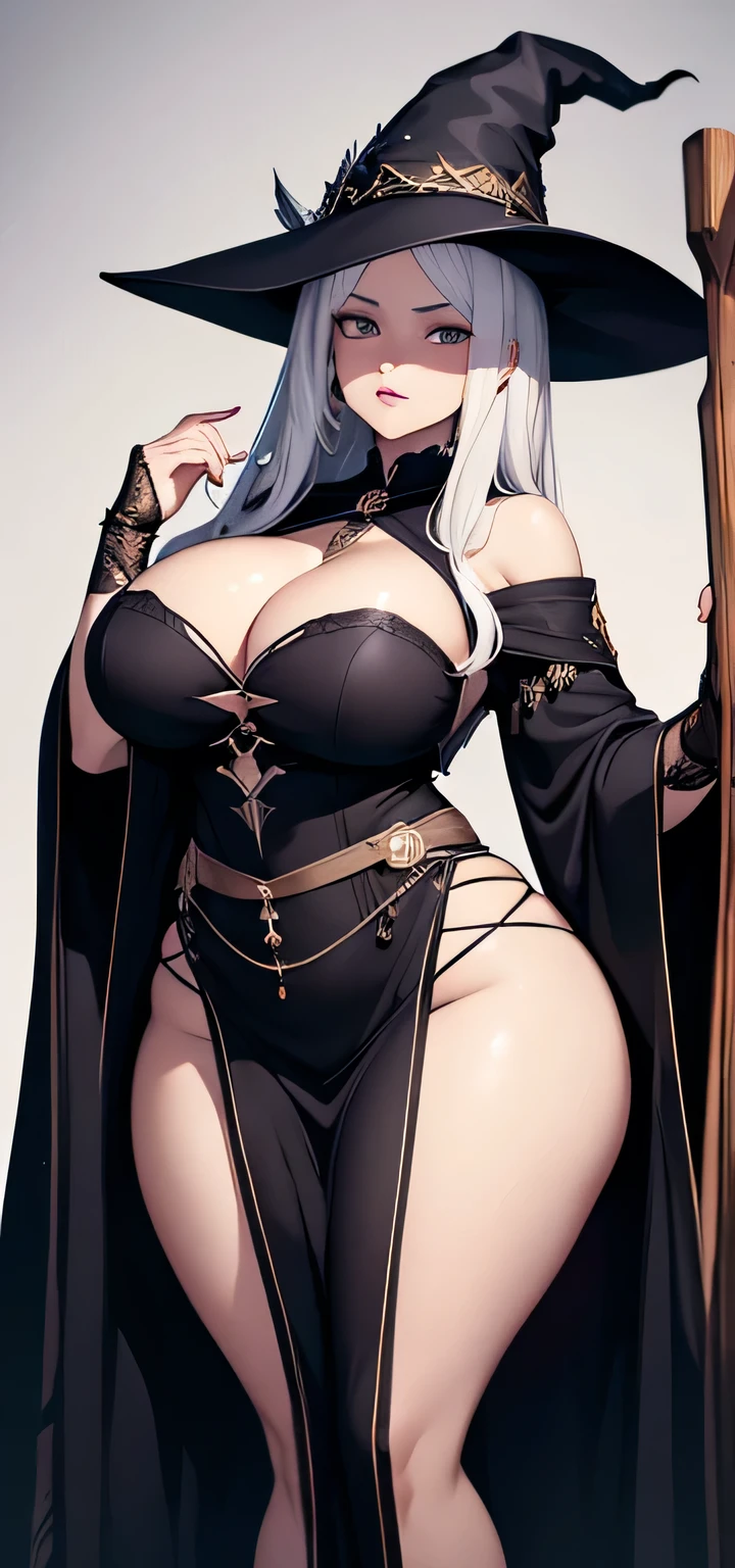 beautiful detailed 20 years old female, beautiful face, wearing Witch Outfit: A dark robe with a pointed hat, and a broomstick or spellbook as accessories, white hair, curvy body, ultra large sagging breasts, massive cleavage exposed, huge buttock, random expressions