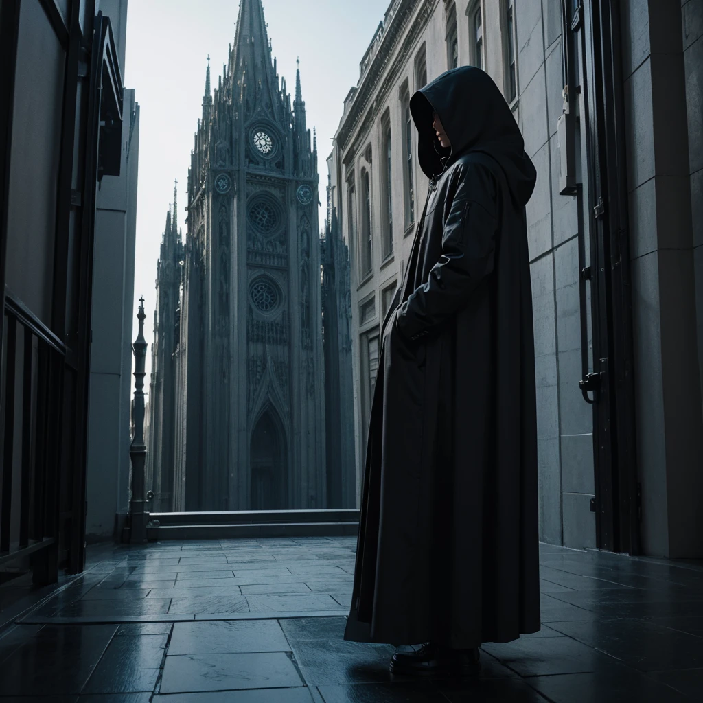 ((Best Quality)) hooded person looking at architecture of extraterrestrial civilization with dark color palette