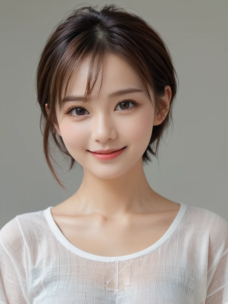 One girl、Short Hair、Looking at the audience、Brown Hair、shirt、Realistic、Upper Body、smile、Beautiful detailed eyes、Beautiful detailed lips、Highly detailed eyes and face、Long eyelashes、透明なTshirt、Small breasts、Slender、delicate、clavicle、See-through、cute、(透明なshirt)、skinny、Pink nipples、(Highest quality、4K、8k、highreasterpiece:1.2)、smile、tooth、One girl, Bright erotic