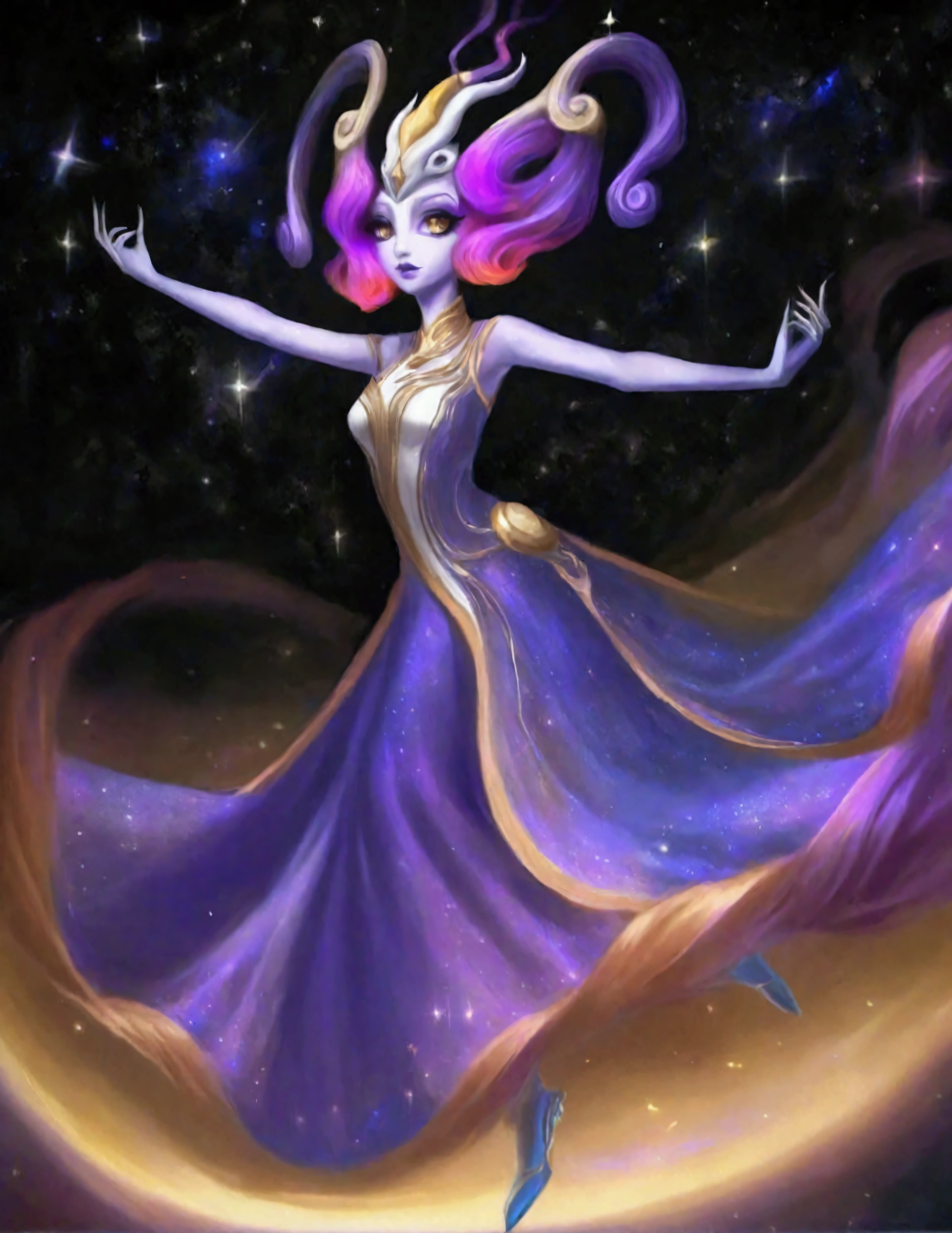 A lovely woman (age 25, sheer airy gown, dragon makeup, big eyes, colorful hair, dancing on a cosmic field of stars, trails of stardust and sparkles
