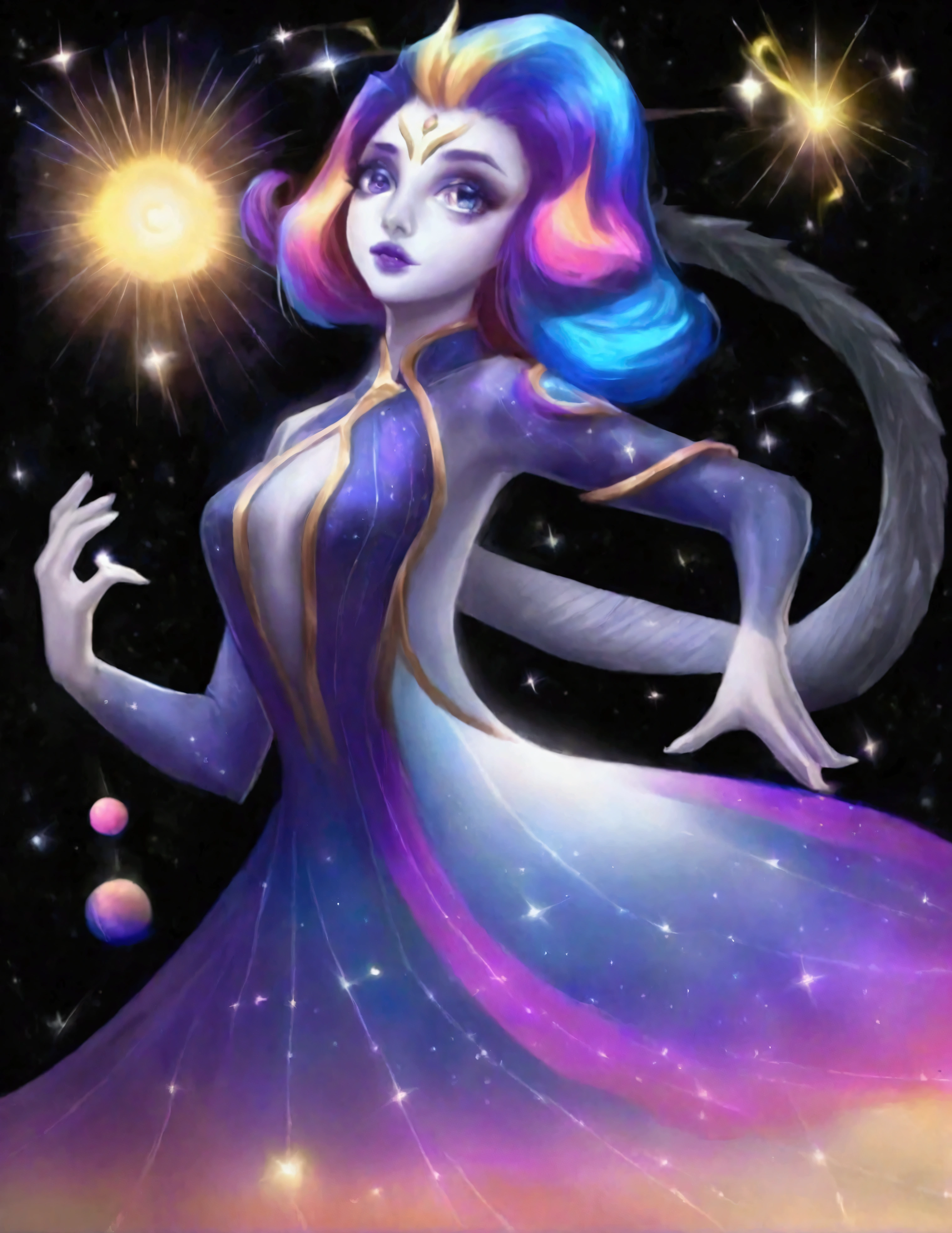 A lovely woman (age 25, sheer airy gown, dragon makeup, big eyes, colorful hair, dancing on a cosmic field of stars, trails of stardust and sparkles
