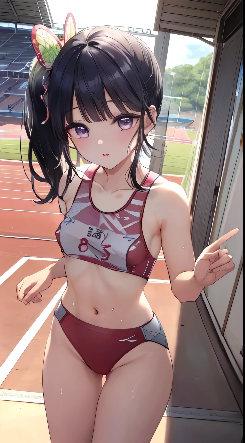 (((nsfw))),  Double Peace Sign, Highly detailed eyesと顔，Highly detailed eyes, Ultra-realistic 8K CG，masterpiece，（（Highly detailed background，Delicate pattern，Intricate details, Detailed and beautiful eyes）），The best quality in the best condition，Very very very detailed face，((OlympicStadium)), ((((Top view)))), breast enhancement, Underboob, shy, Sweat, Waistline, Athletics, Run, Olympic競技場, Japanese representative player, masterpiece, Highest quality, High resolution,walk short distance, Race, A large number of people, walk short distance, A strong start, 
Kanadev, 1 girl, alone, Purple eyes, Black Hair, Long Hair, blunt bangs, bangs, hair ornaments, bug, butterfly, Side Ponytail, butterfly hair ornaments,
whole body, Stadium,Olympic, Looking at the camera, 1 girl, , software, High resolution,masterpiece,Highest quality, ,1 girl, , Hair Flowers, Cha-cha dance, Athleticsのユニフォーム,