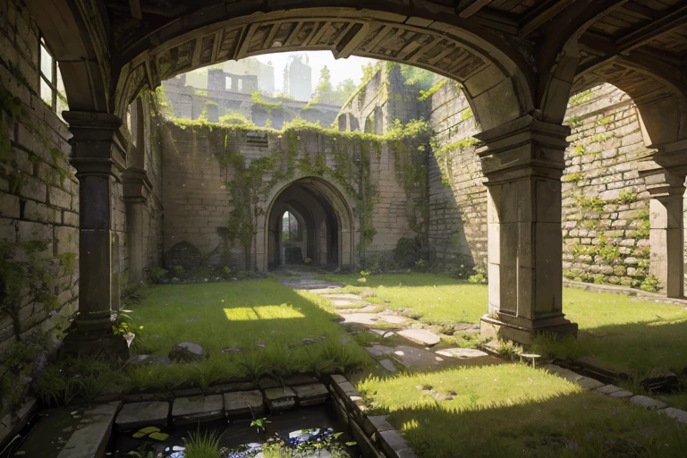 extremely overgrown haven walled off from the world with very tall dilapidated stone walls, spacious rectangular interior with tall grass 