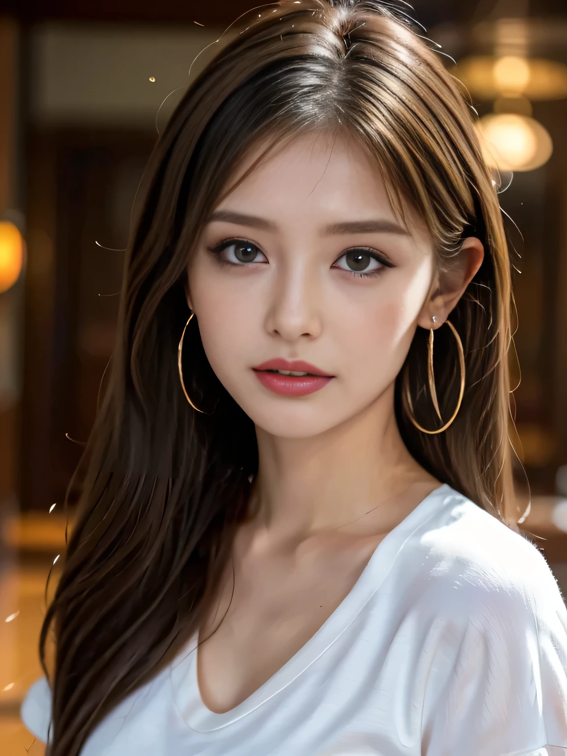 makeup, angry, mullet, hoop earrings, raised eyebrows, half-closed eyes, clenched teeth, ass pov, uhd, anatomically correct, high details, best quality, 8k、One Japanese woman、30 years old、A close-up photo of a face with focus on the face、background:hotel lobby、Focused eyes、Detailed eyes、Detailed face、Light brown hair、White T-shirt、Brown eyes、Symmetrical eyes、Heavy makeup、