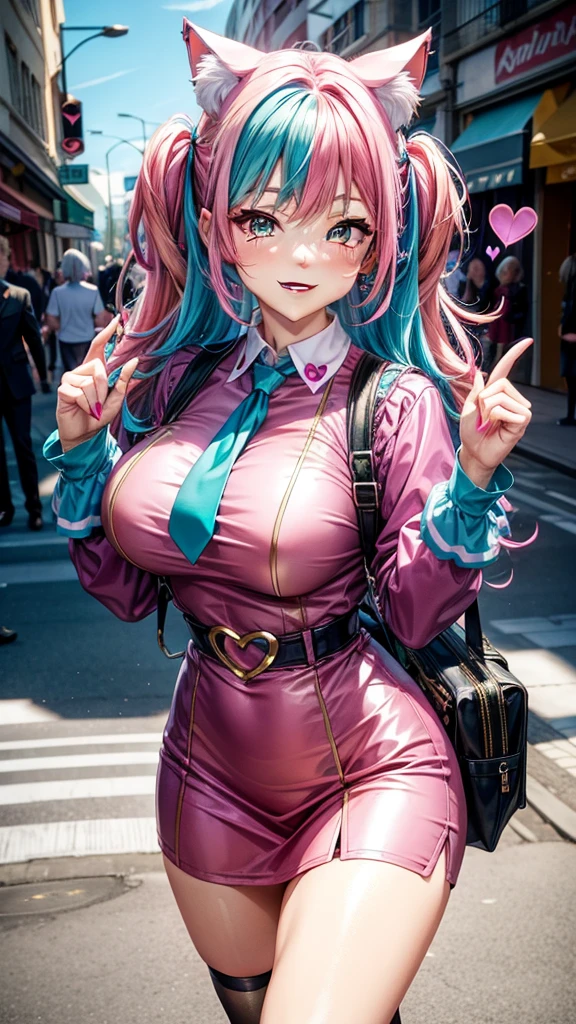 Magenta hair, hazel eyes, older woman, hair accessories, cat ears, long hair, smiling face, bright colors, sexy uniform outfit, teal pink and gold clothes,  hearts