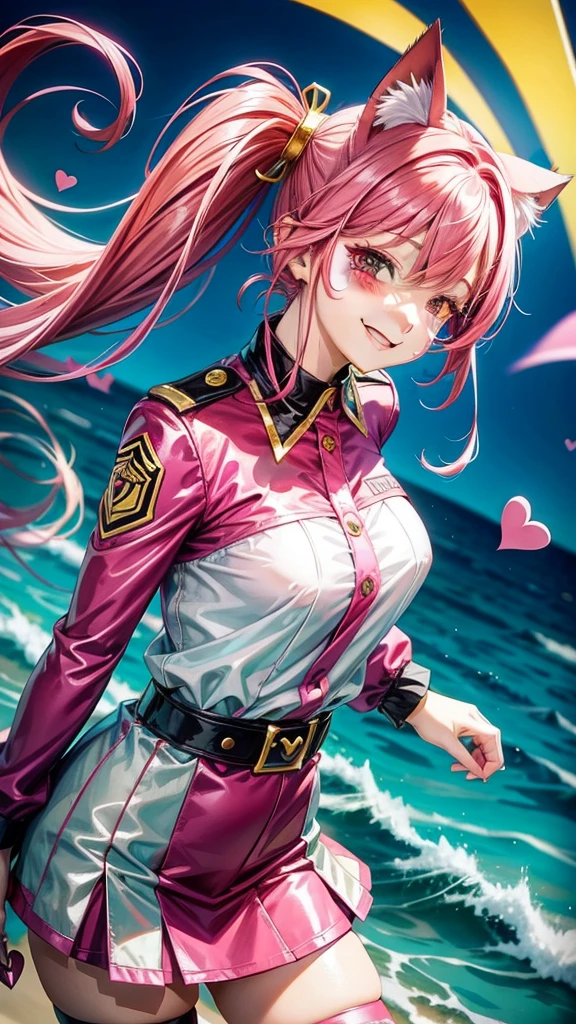 Magenta hair, hazel eyes, older woman, hair accessories, cat ears, long hair, smiling face, bright colors, sexy uniform outfit, teal pink and gold clothes, hearts