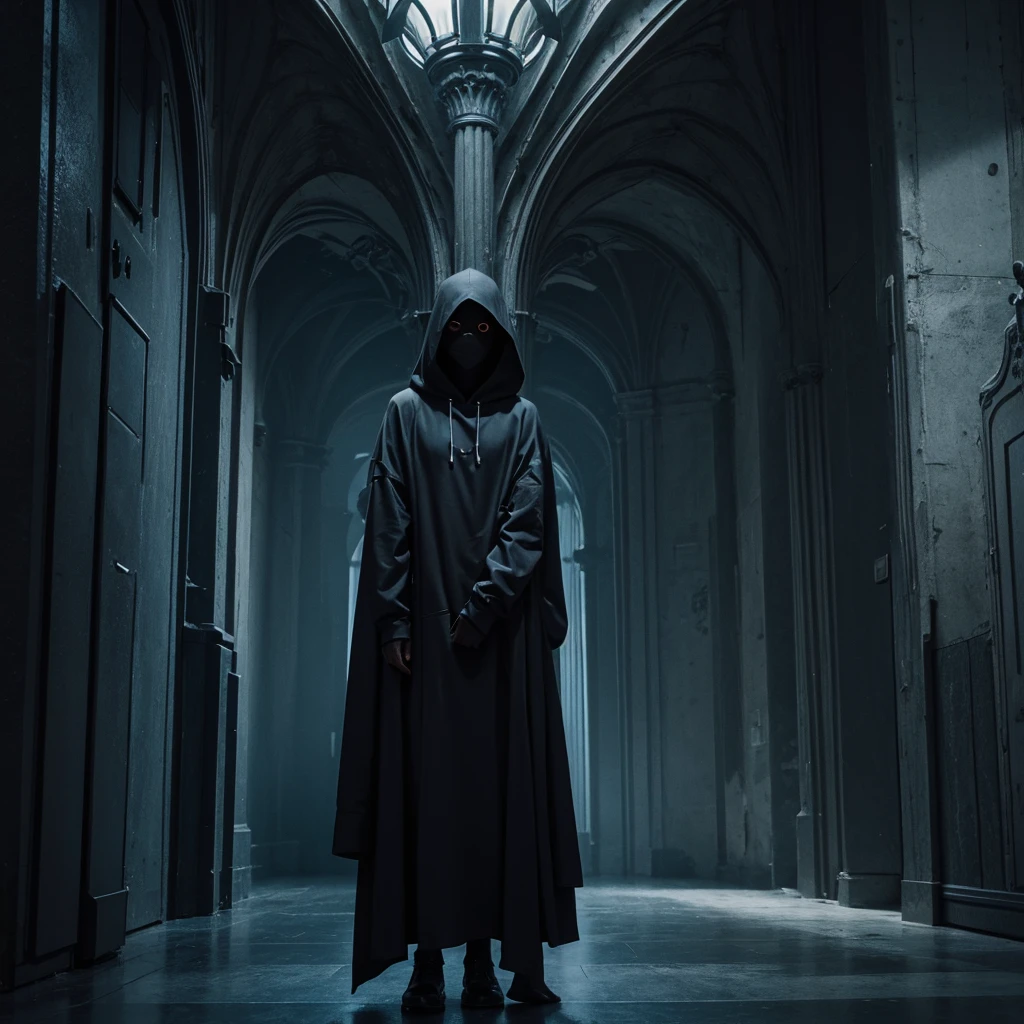 ((Best Quality)) hooded person looking at architecture of extraterrestrial civilization with dark color palette